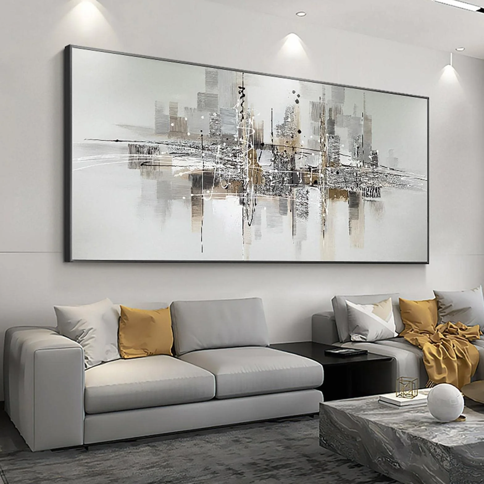 ZHMANLUCK Obrazy do salonu i sztuka ścienna, bardzo duży obraz olejny, szary obraz abstrakcyjny, czarno-biała sztuka ścienna, dekoracja domu, 75 x 152 cm (30 x 60 cali) z czarną ramą