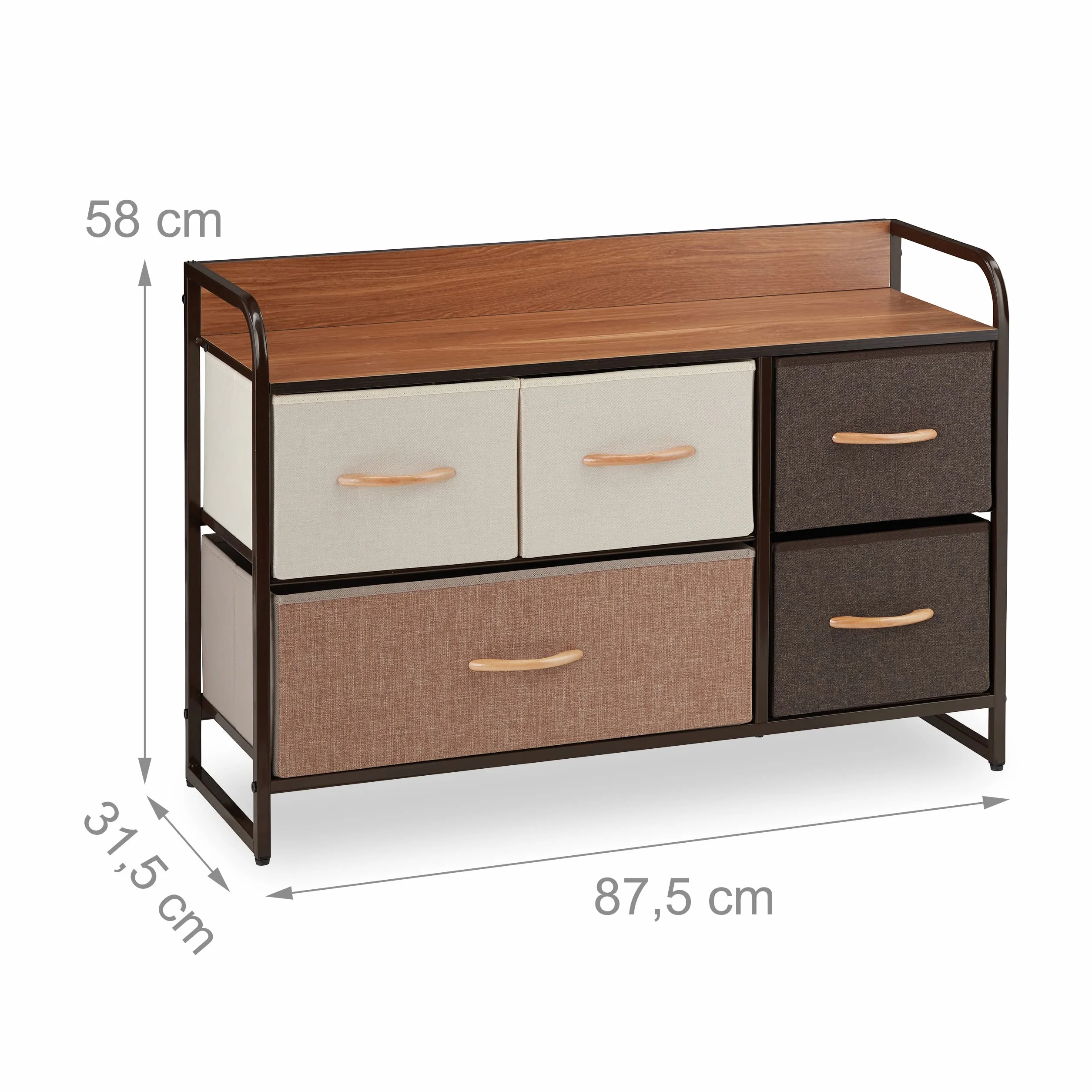 Relaxdays Komoda 5 przegródek z półką składane kosze stalowa rama 58 x 87,5 x 31,5 cm brązowy poliester MDF