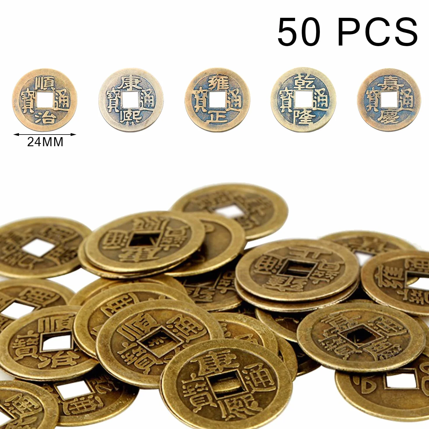 Chińskie monety Feng Shui 50 sztuk, miedziane antyczne monety cesarskie, akcesoria do domu, szczęście zdrowie dobrobyt