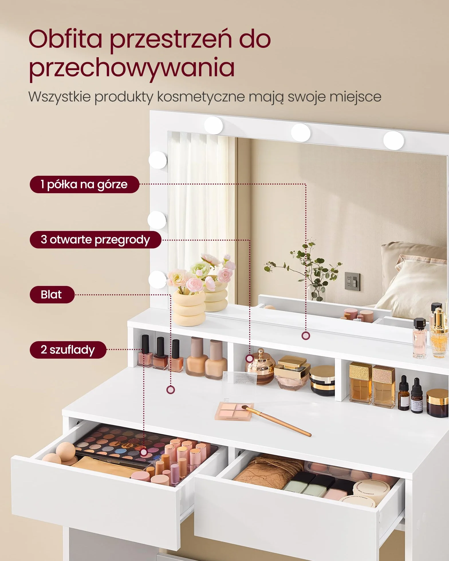 VASAGLE Kolekcja KAILYN Toaletka z oświetleniem LED regulowana jasność z lustrem 2 szuflady 3 przegródki biała chmurowa RDT120T10