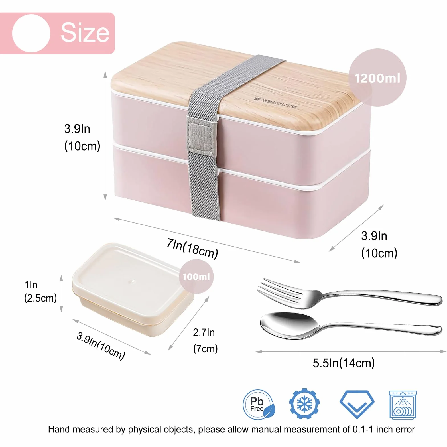 Binoster oryginalny pojemnik na żywność bento, lunchbox, w stylu japońskim, z taśmą i podziałką, łyżka i widelec ze stali nierdzewnej, kolor różowy