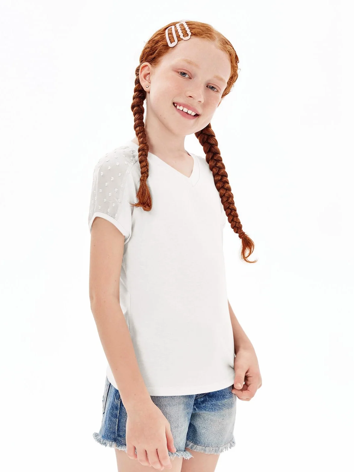Haloumoning Dziewczęcy T-shirt na lato, krótki rękaw, dekolt w serek, dla dzieci, w szwajcarskie kropki, śliczny top rekreacyjny