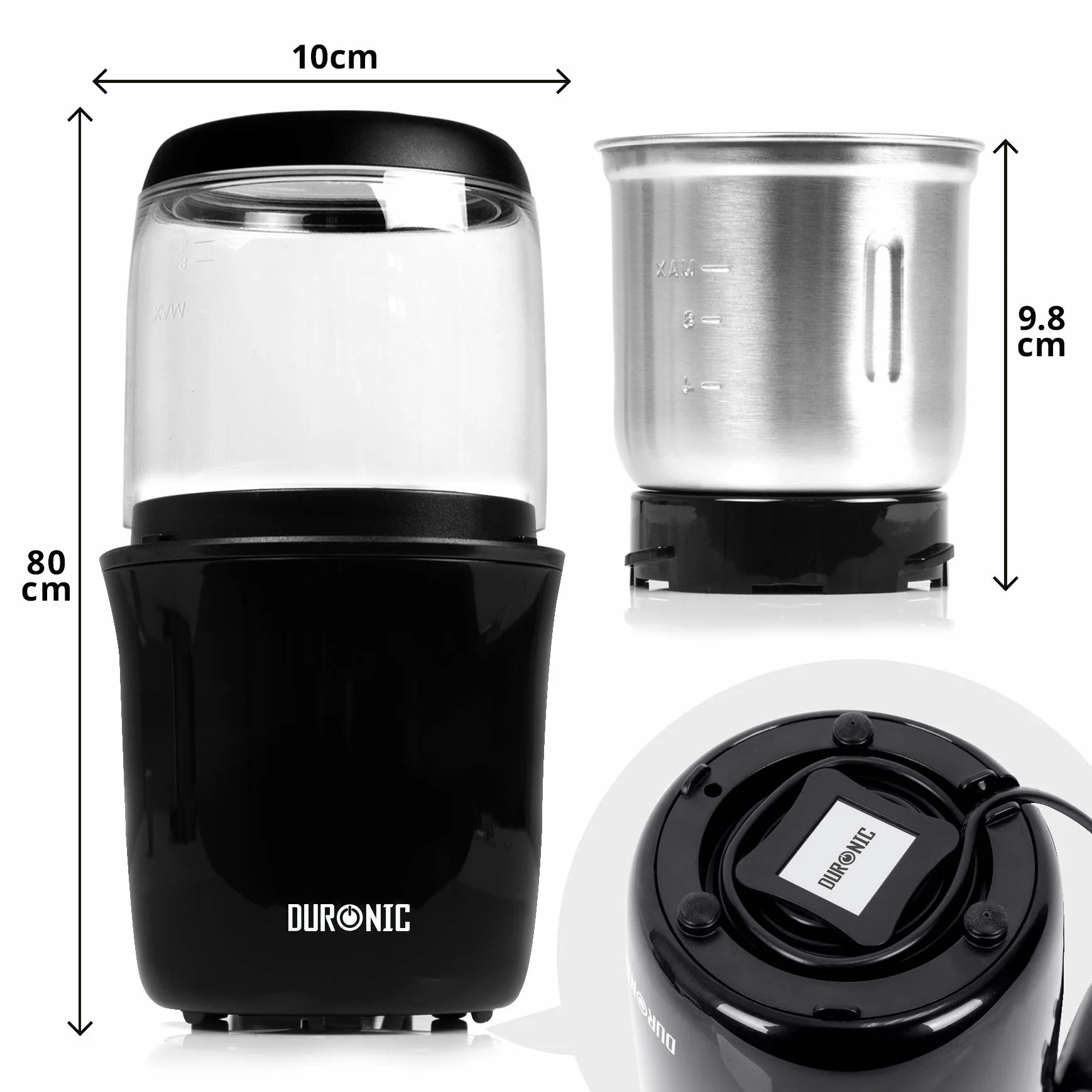 Duronic CG250 Elektryczny młynek do kawy 250 W 75 g stal nierdzewna 8-12 filiżanek