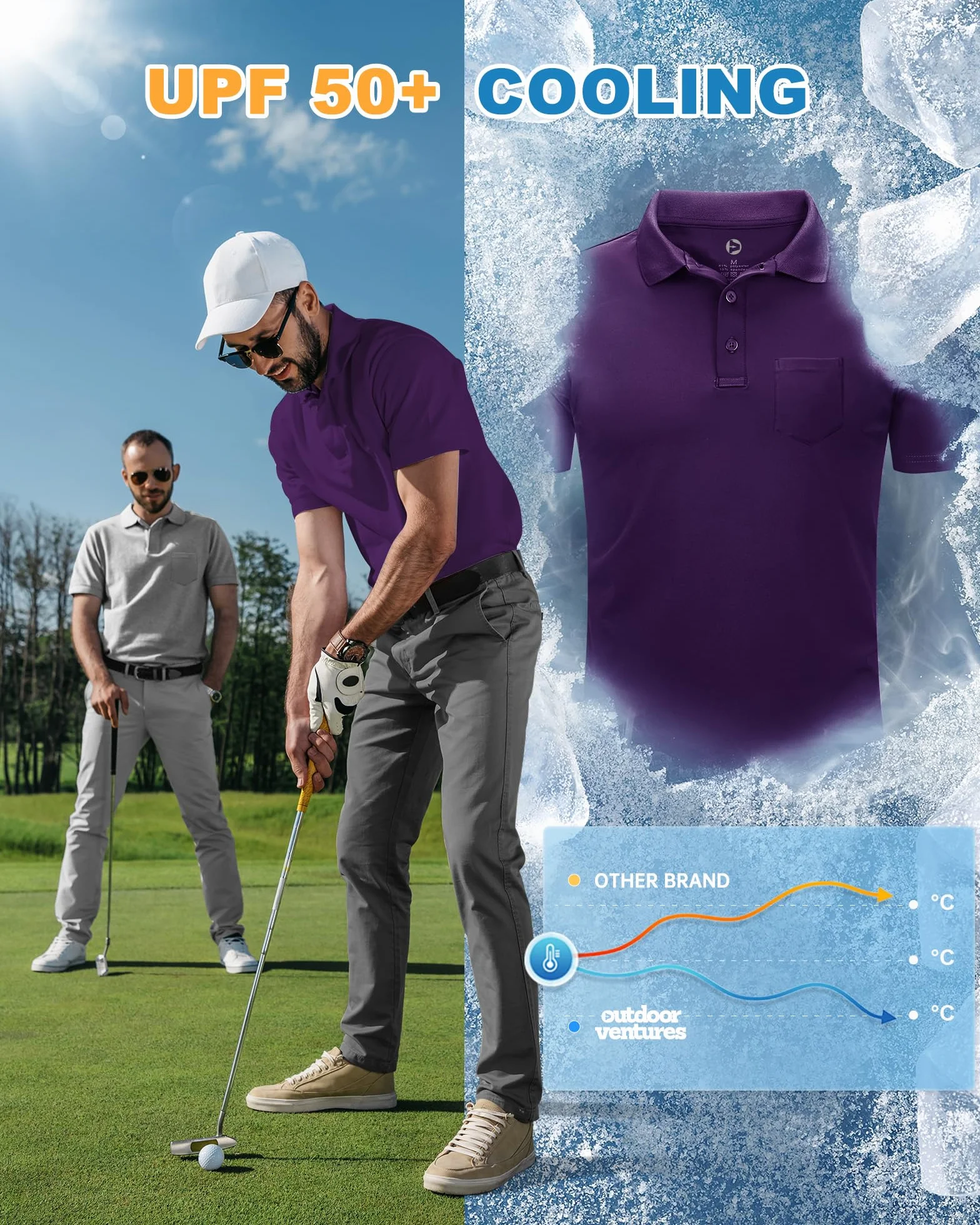 Outdoor Ventures Męska koszulka polo z kieszenią na piersi, letnia koszulka golfowa UPF50+, ochrona przed słońcem, krótki rękaw, szybkoschnąca, koszulka sportowa, jednokolorowa koszulka polo dla