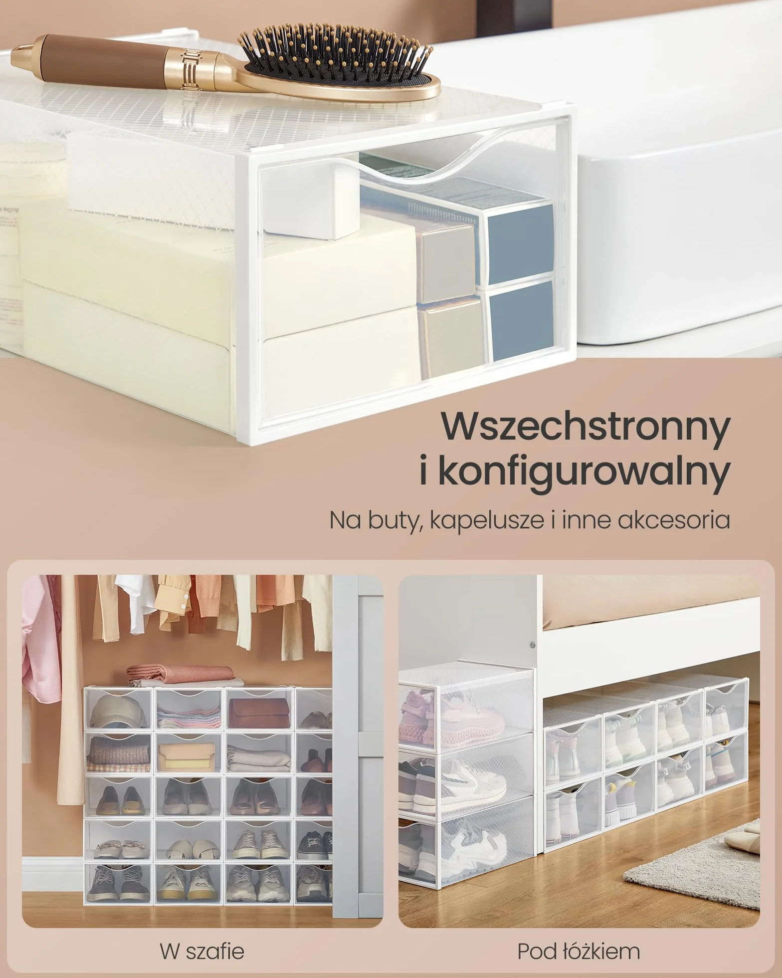 SONGMICS Pudełka na buty plastikowy organizer z drzwiczkami przezroczysty biały zestaw 18 sztuk 33,2 x 23 x 14,5 cm