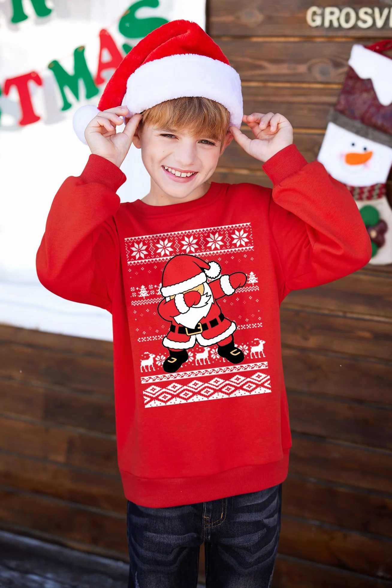 BesserBay Dziecięcy sweter z okrągłym dekoltem Święty Mikołaj nadruk unisex bluza 110-164