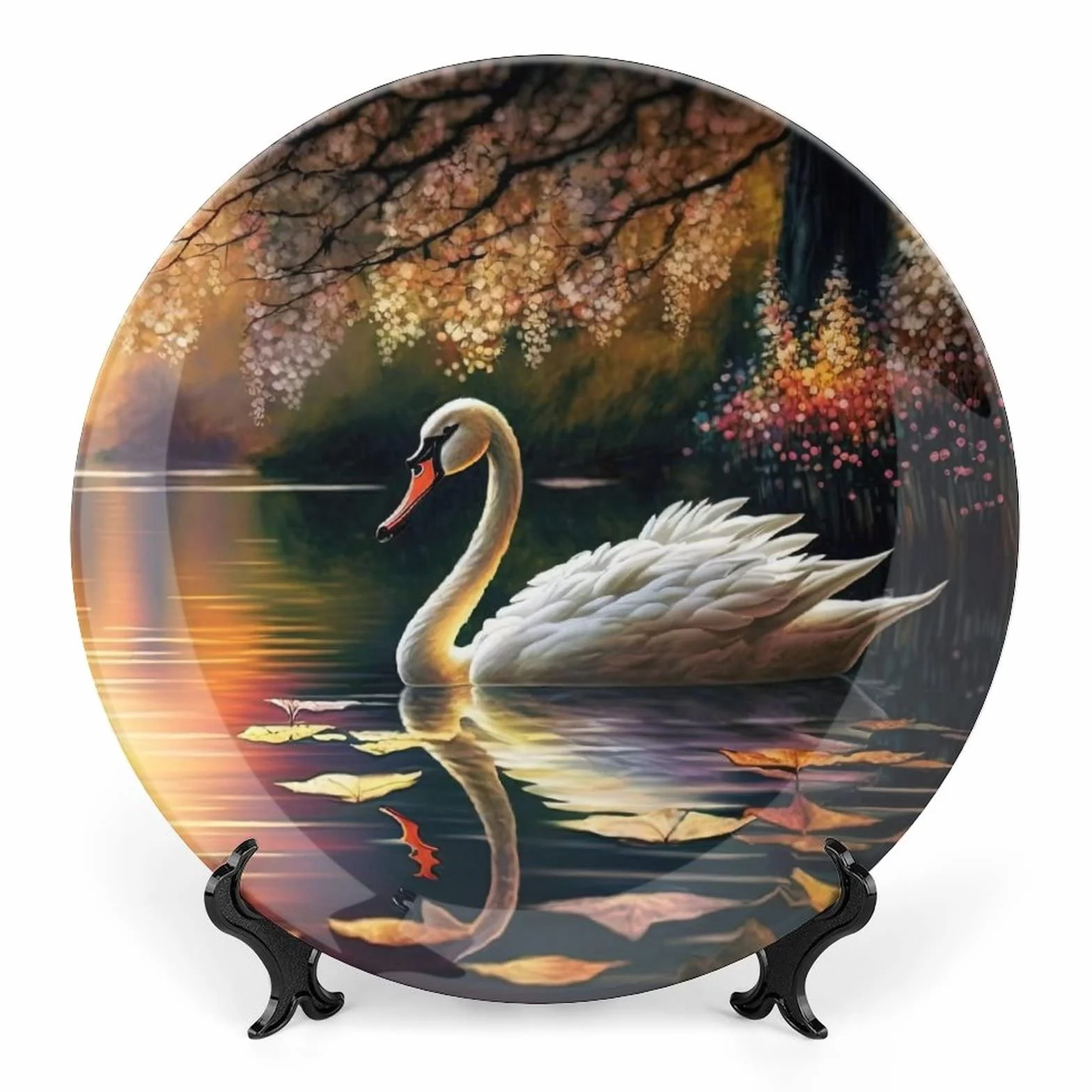 Dekoracyjne talerze do powieszenia na ścianie, jezioro łabędzie obraz sceny talerz ceramiczny, chybotany talerz ze stojakiem ekspozycyjnym, dekoracja domu do szafek kuchennych, okrągła taca