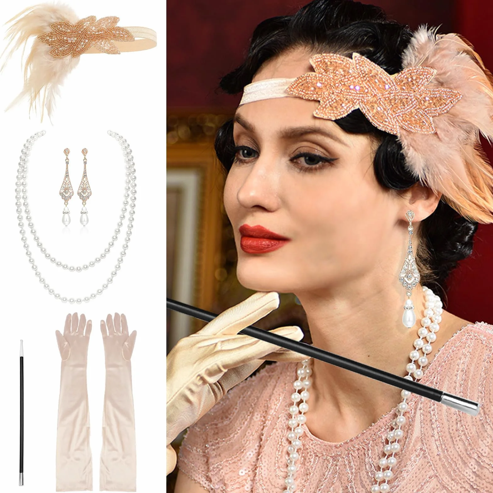 CHRI 7-częściowy zestaw akcesoriów kostiumowych damskich z lat 20., akcesoria Great Gatsby dla kobiet, 1920, kostium karnawałowy, ozdoba głowy z piór