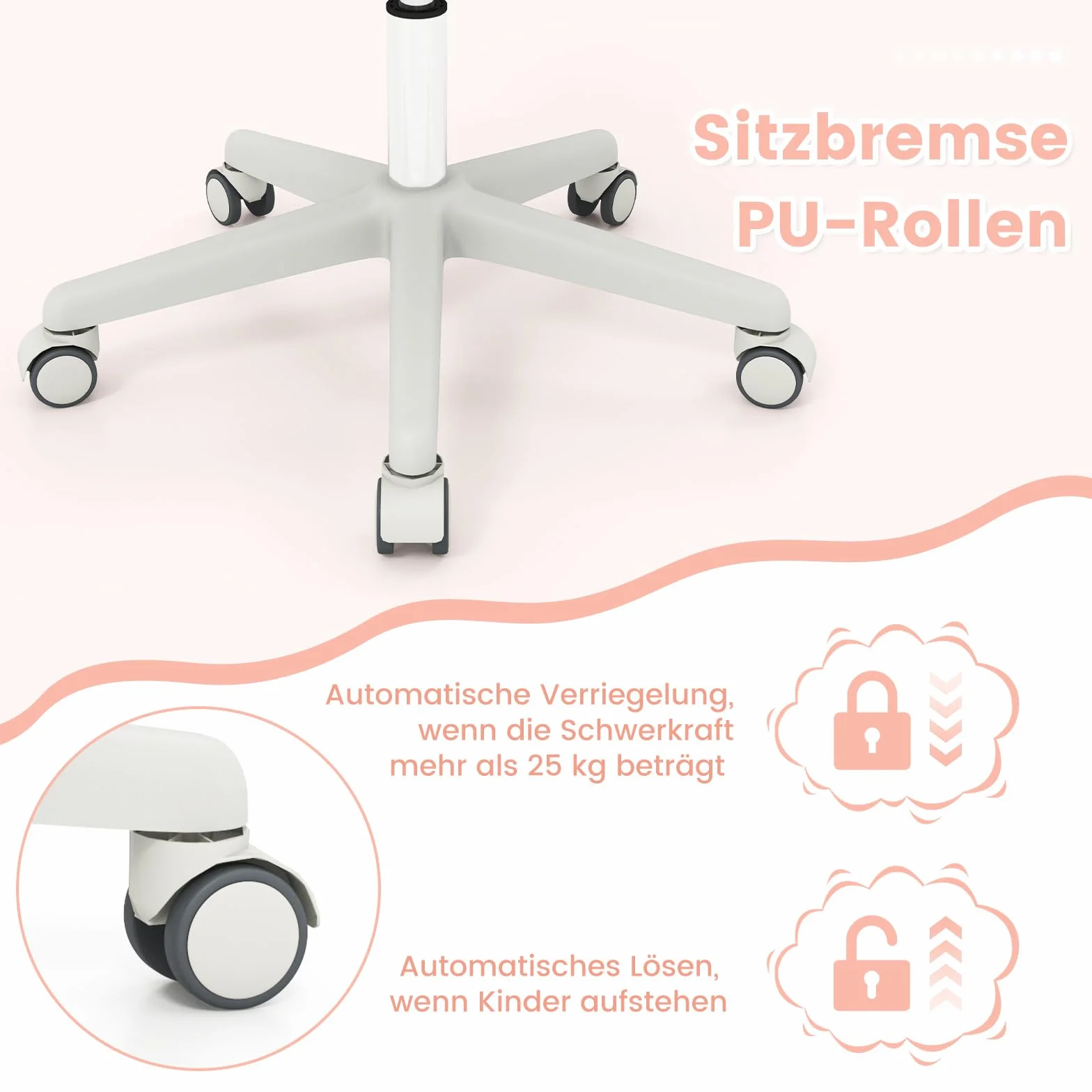 COSTWAY Dziecięce Krzesło Biurowe Obrotowe 360° z Regulacją Wysokości 43-55 cm, Ergonomiczne Krzesło Młodzieżowe z Podłokietnikami i Kółkami, Stabilne i Komfortowe