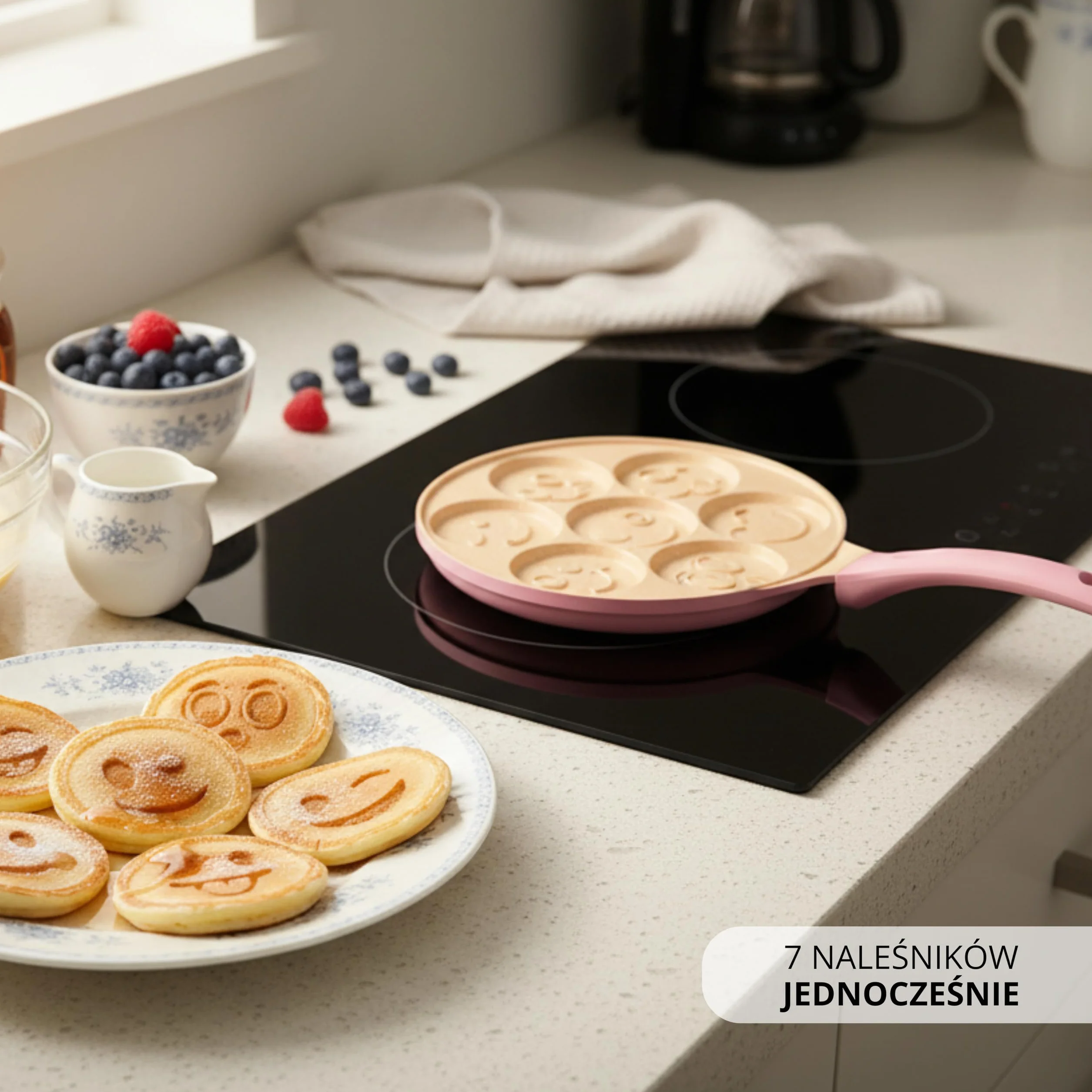 Erreke Patelnia do Naleśników, Patelnia do Crepes, 7 Mini Naleśników Jednocześnie, Podwójna Nieprzywierająca Powłoka, Do Wszystkich Typów Kuchni i Płyt Indukcyjnych, Uchwyt Soft Touch, 26 cm Różowa