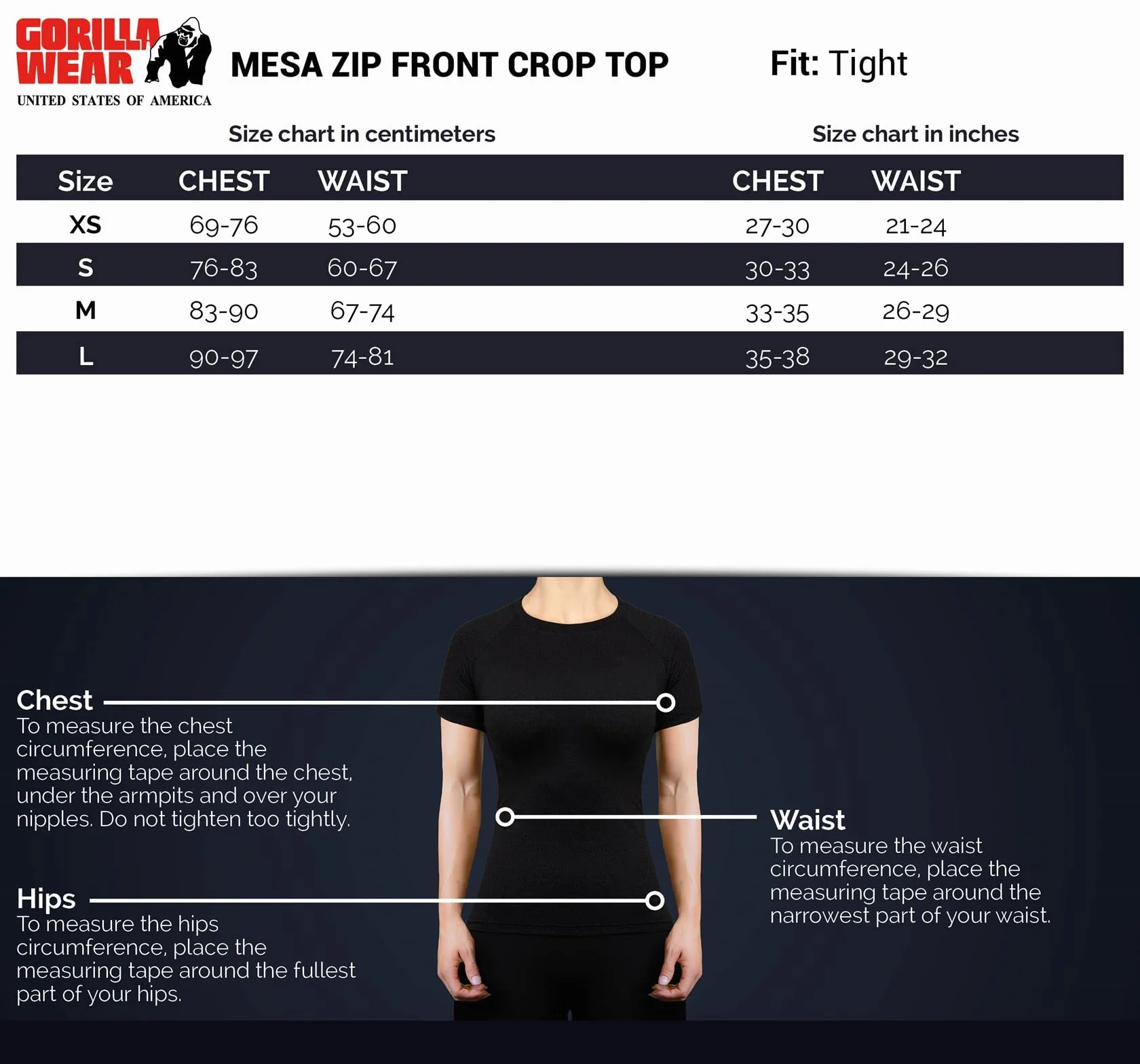 Gorilla Wear - Mesa Zip Front Crop Top – czarny – kulturystyka, sport, na co dzień, czas wolny, z nadrukiem logo, lekki i wygodny dla optymalnego ruchu, wykonany z poliestru i spandexu