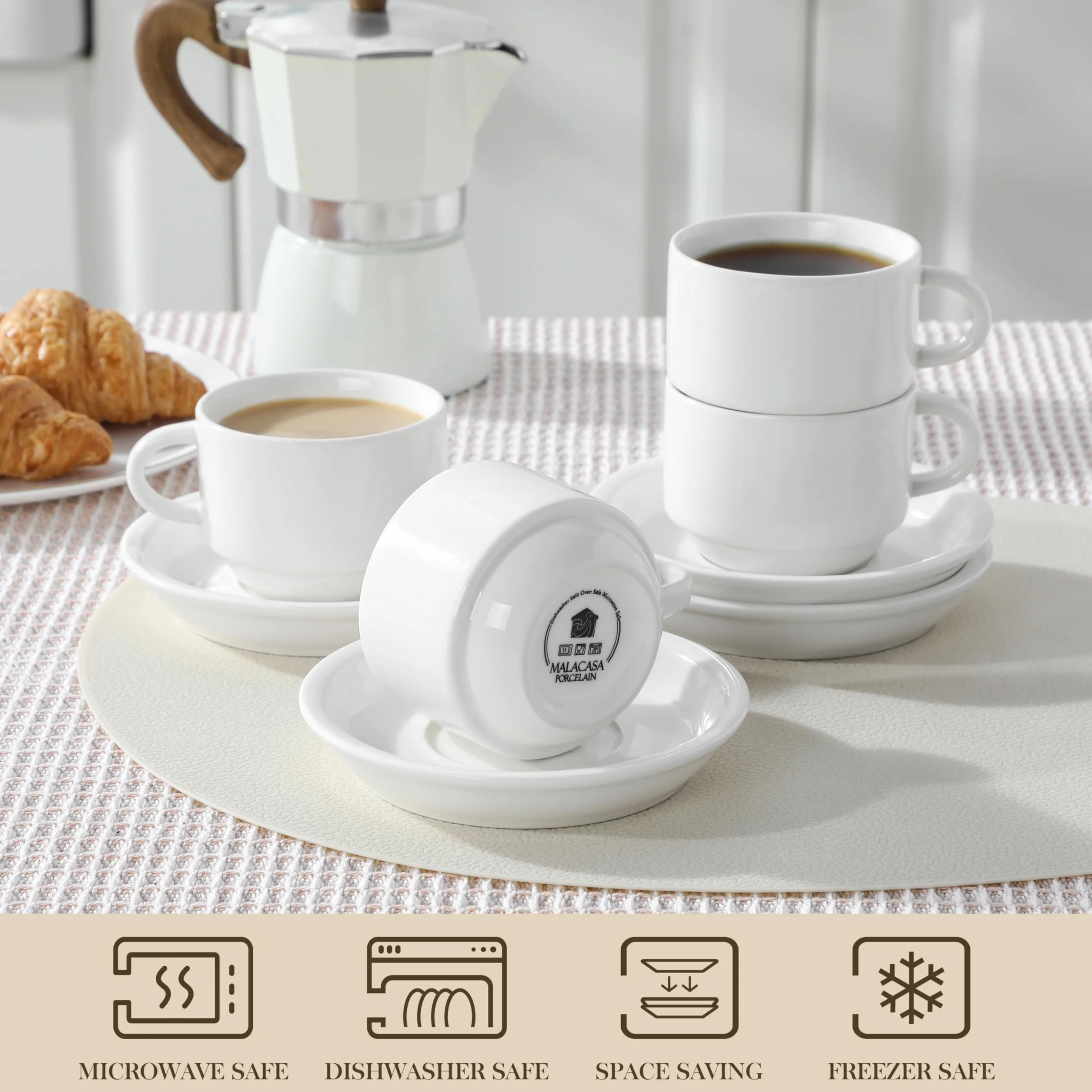 MALACASA REGULAR 4-częściowy zestaw filiżanek do kawy dla 4 osób, 150 ml, serwis do kawy z spodkiem i metalowym stojakiem, idealny do espresso, cappuccino, latte, moka i herbaty, biały