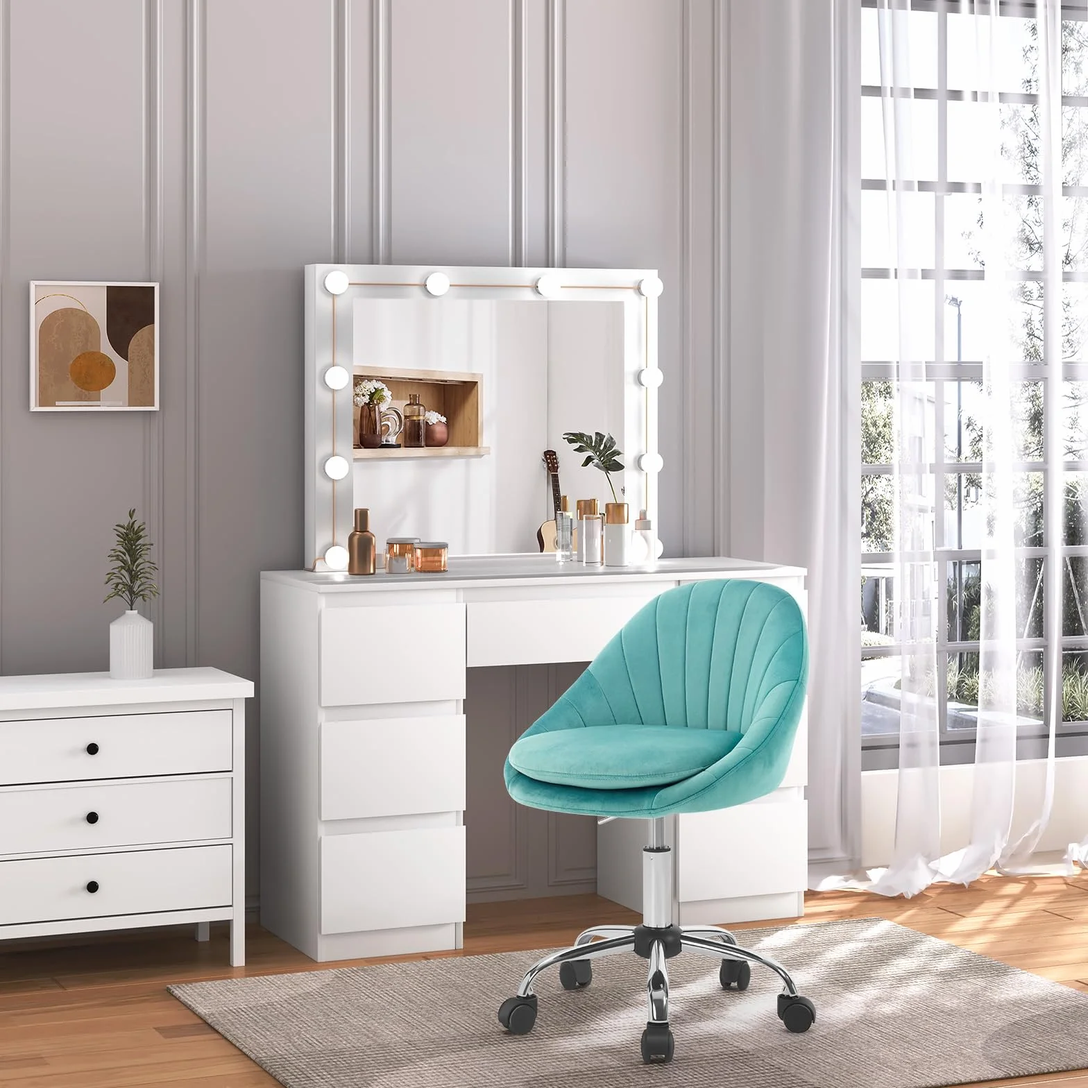 WOLTU Krzesło biurowe, ergonomiczne, obrotowe, z kółkami, obciążenie 150 kg, do gabinetu, sypialni, aksamitne, turkusowe, BS167ts