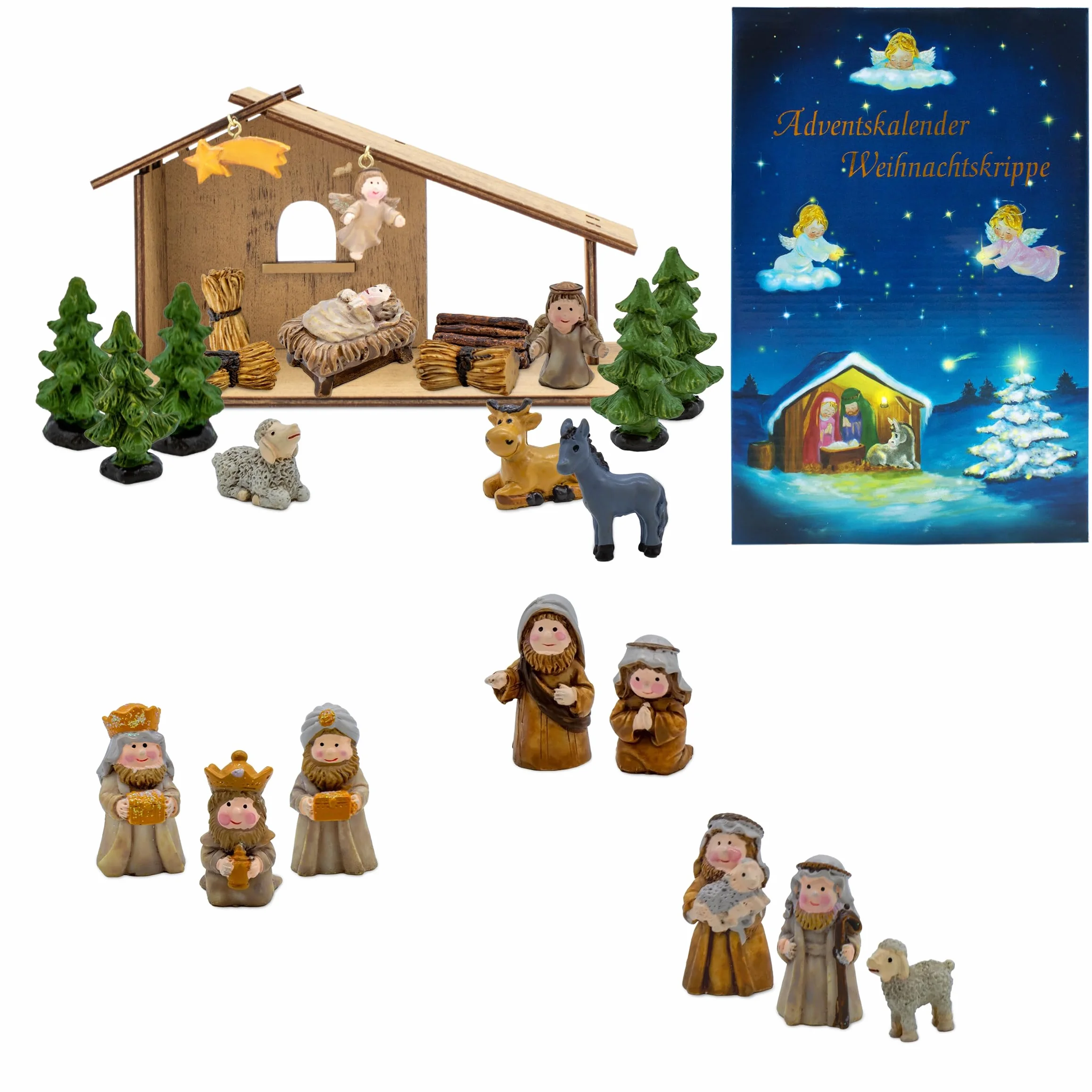Spetebo Drewniana szopka bożonarodzeniowa z figurkami ze sztucznego kamienia – 26 x 13 cm – szopka bożonarodzeniowa kalendarz adwentowy z 24 figurkami – Boże Narodzenie, adwent zima, dekoracja stołu