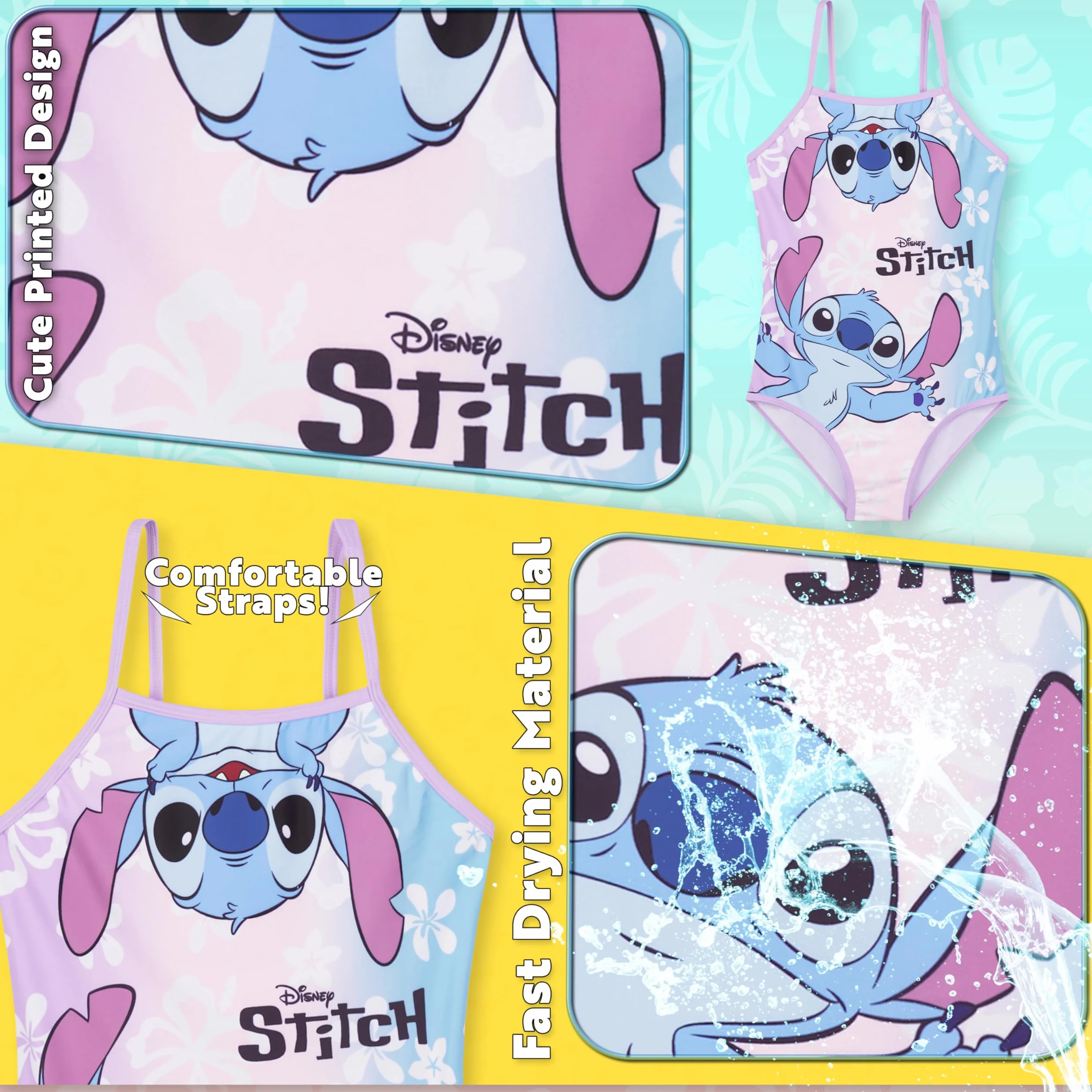 Disney Jednoczęściowy elastyczny stitch dziewczęcy strój kąpielowy, szybkoschnący, na plażę i basen