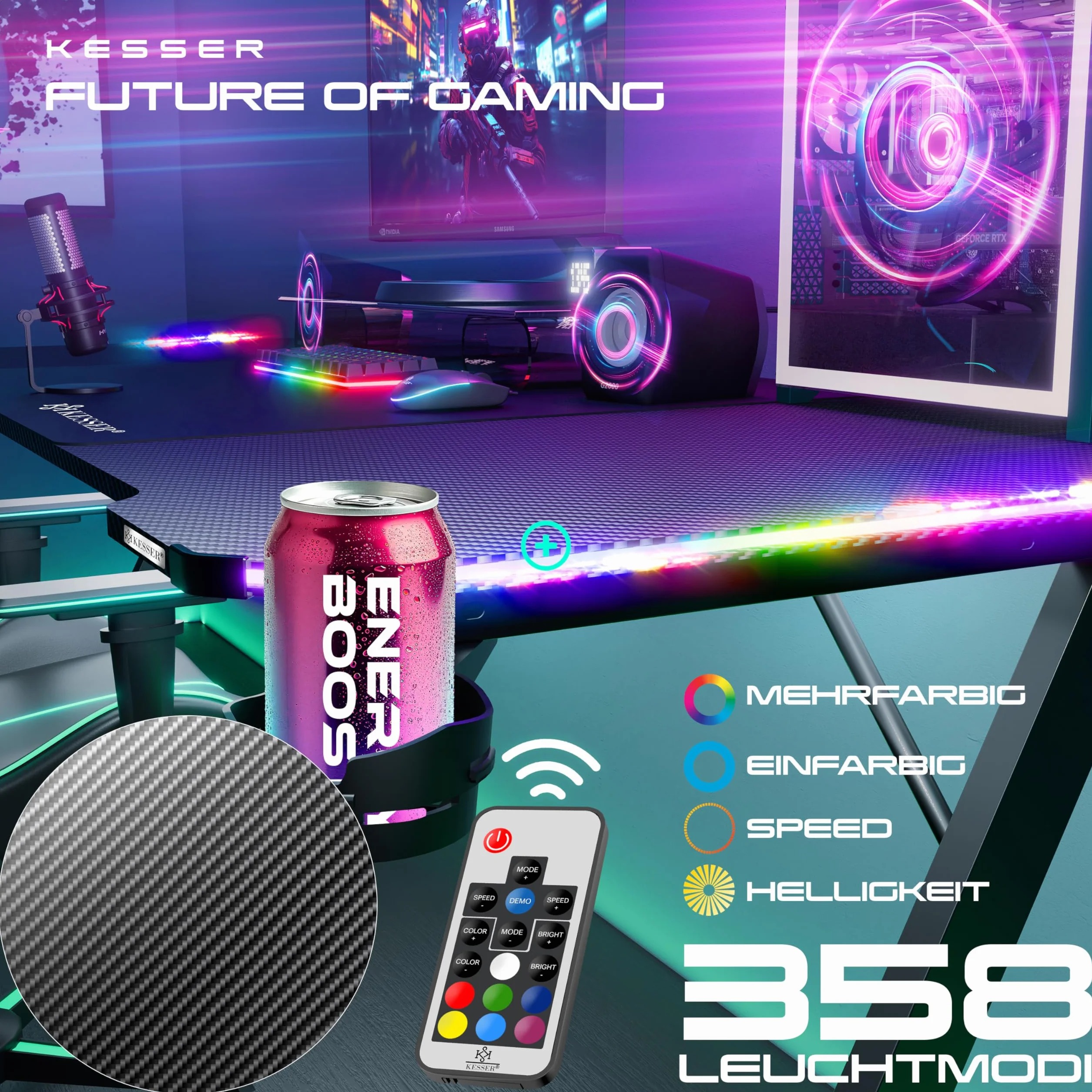 KESSER Stół gamingowy LED 140x60 cm czarny, biurko w kształcie Z