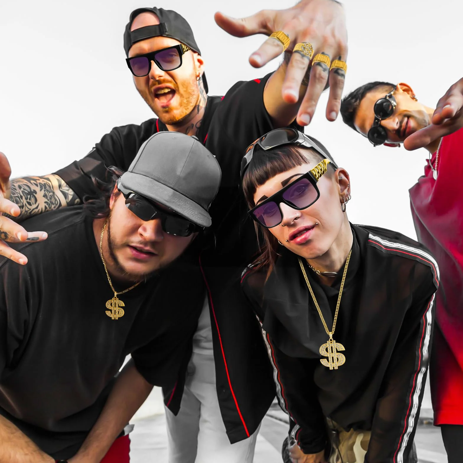 8 sztuk kostium a, złoty łańcuszek, akcesoria karnawałowe w stylu lat 80. 90., strój hip hop męski ze złotymi okularami przeciwsłonecznymi, naszyjnikiem, bransoletką i 5 złotymi pierścieniami na