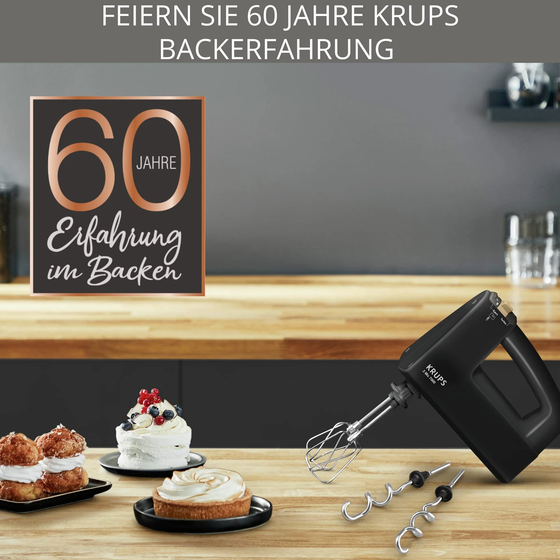 Krups 3Mix 7000 mikser ręczny 60 lat Special Edition, 500 W, hak do ugniatania i mieszania ze stali nierdzewnej, długi kabel sieciowy, torba na akcesoria, F6085811, czarny/miedziany