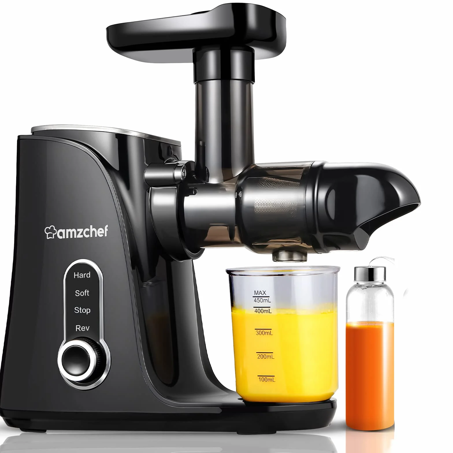 AMZCHEF Cold Press Sokowirówka do Owoców/Warzyw z 2 Prędkościami - Wyciskarka do Soków z Ultra Gęstym Filtrem - Wolnoobrotowa Sokowirówka do Całych Owoców i Warzyw - 1 Butelka i 2 Kubki - Czarny