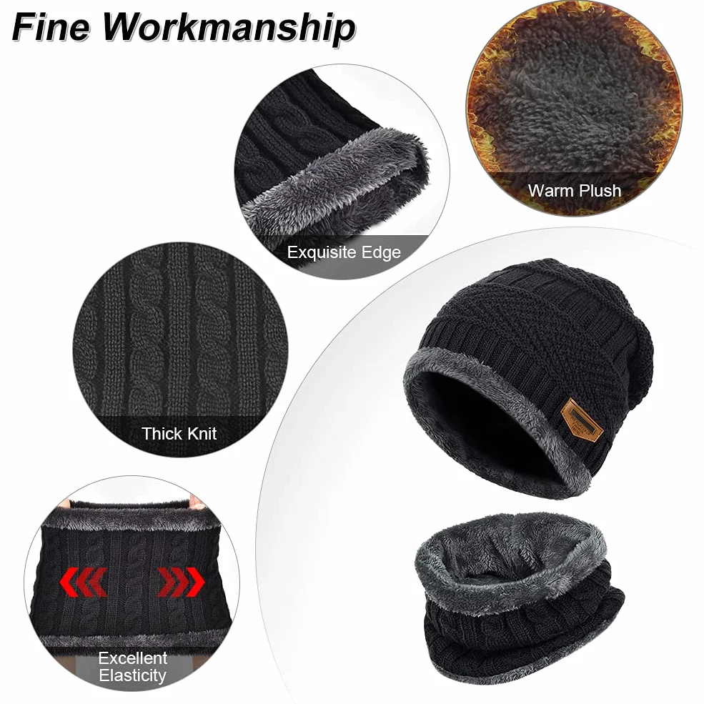 OOPOR Czapka zimowa szalik zestaw rękawiczek – ciepła dzianinowa czapka beanie koło ocieplacz na szyję rękawiczki do ekranu dotykowego sporty na świeżym powietrzu super miękka polarowa podszewka