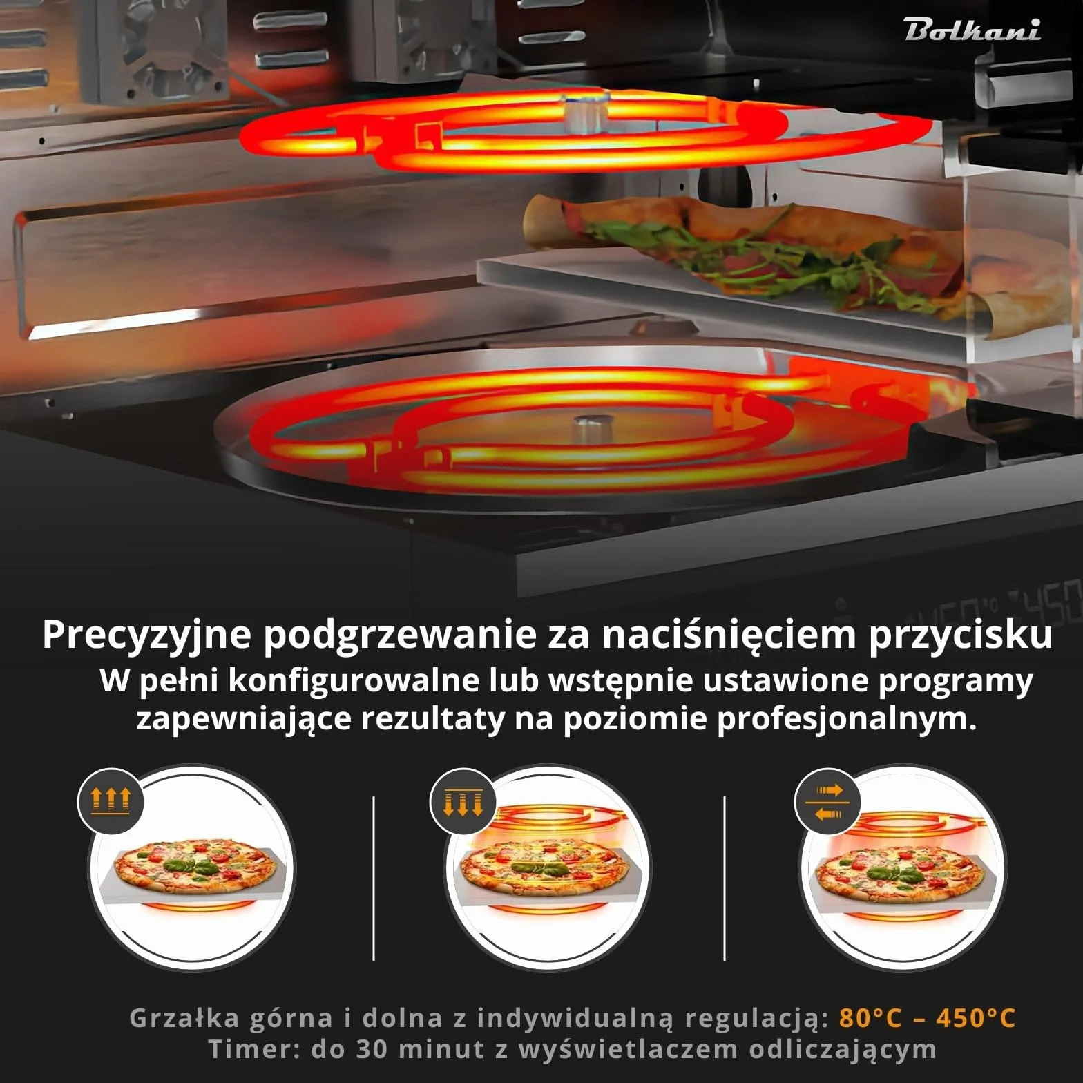 Elektryczny piec do pizzy 1700 W 450 °C z kamieniem i łopatką, timer, oświetlenie wewnętrzne, szary
