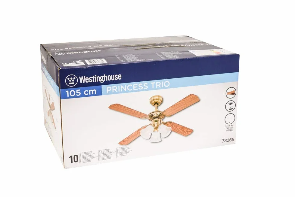 Westinghouse Wentylatory sufitowe "Princess Trio" starożytne mosiężne wykończenie wentylator celingowy z matowym szkłem, dąb/mahoń, 105 x 43 cm