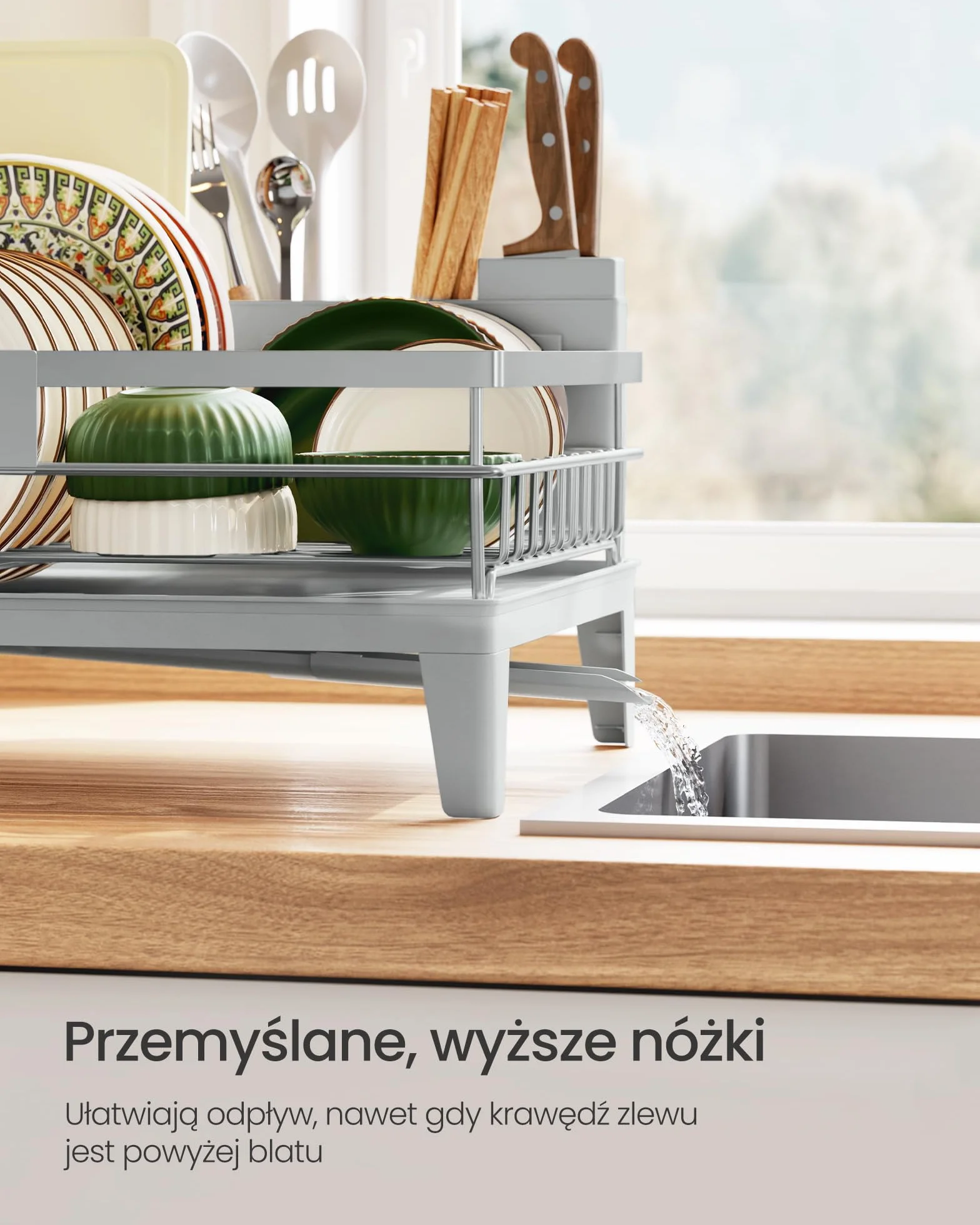 SONGMICS Suszarka do naczyń, suszarka do naczyń, obrotowa i wysuwana ociekacz 360°, tacka ociekowa, uchwyt na sztućce, kuchnia, 31 x 42 x 18,5 cm, kolor gołębiej szarości KCS550G01
