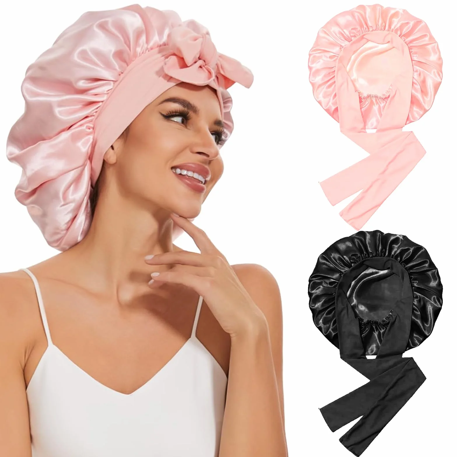 Zorplex 2 Sztuki Satynowych Czapek do Spania, Regulowany Miękki Bonnet z Gumką, Oddychający Jedwabny Czepek Nocny do Długich i Krótkich Włosów, Unisex, Dla Kobiet i Mężczyzn