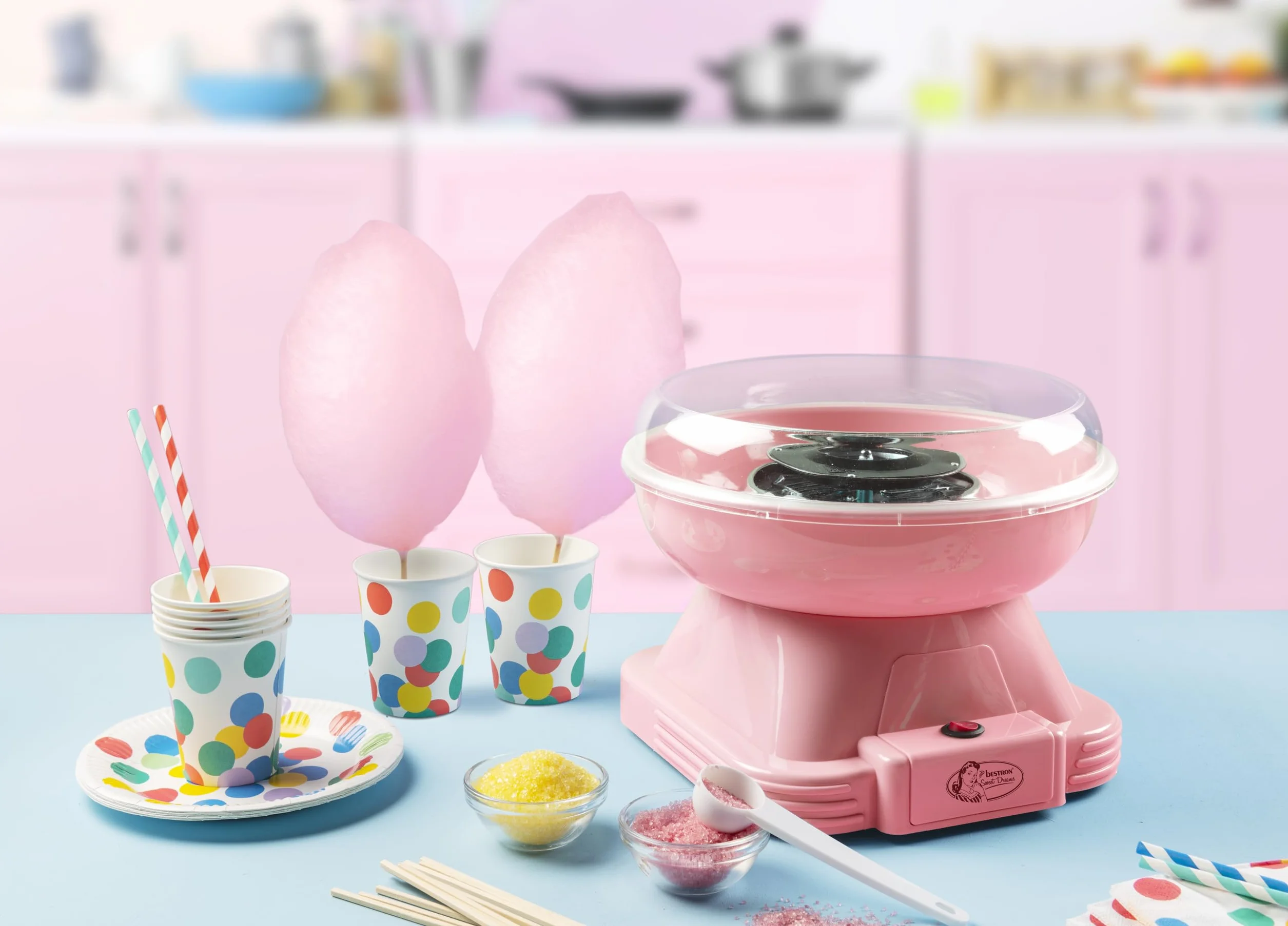 Bestron Retro Cotton Candy Maker do waty cukrowej z 10 pałeczkami i łyżeczką pomiarową