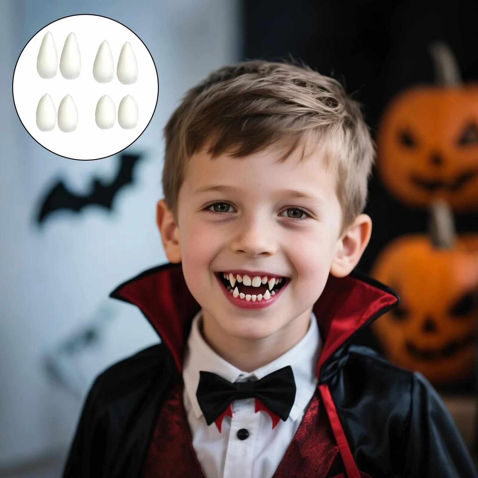 4 pary zębów wampira, Halloween sztuczne zęby wampira, protezy zębowe z klejem w granulkach, 4 rozmiary kłów dla demonów Cosplay, rekwizyty na Halloween, imprezę, kostium