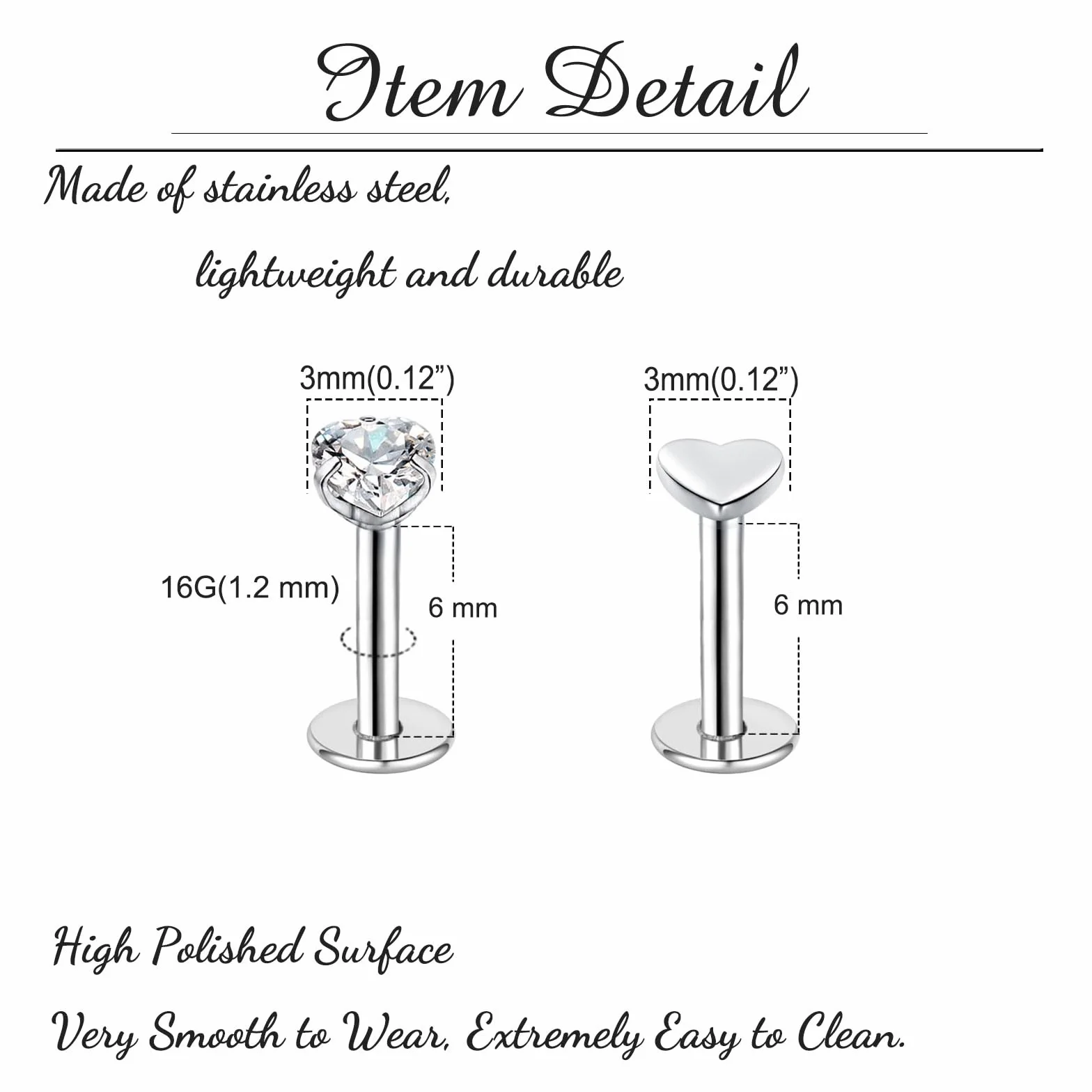8 szt. wargi labret sztyft 6-10 mm 16G płaski tył helix tragus chrząstka kolczyk