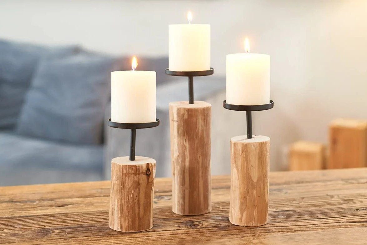 Boltze Świecznik Tempe (3-częściowy zestaw, świecznik z drewna + metalu, stylowe wzornictwo, dekoracja stołu / komody, styl boho, styl boho, 4221400