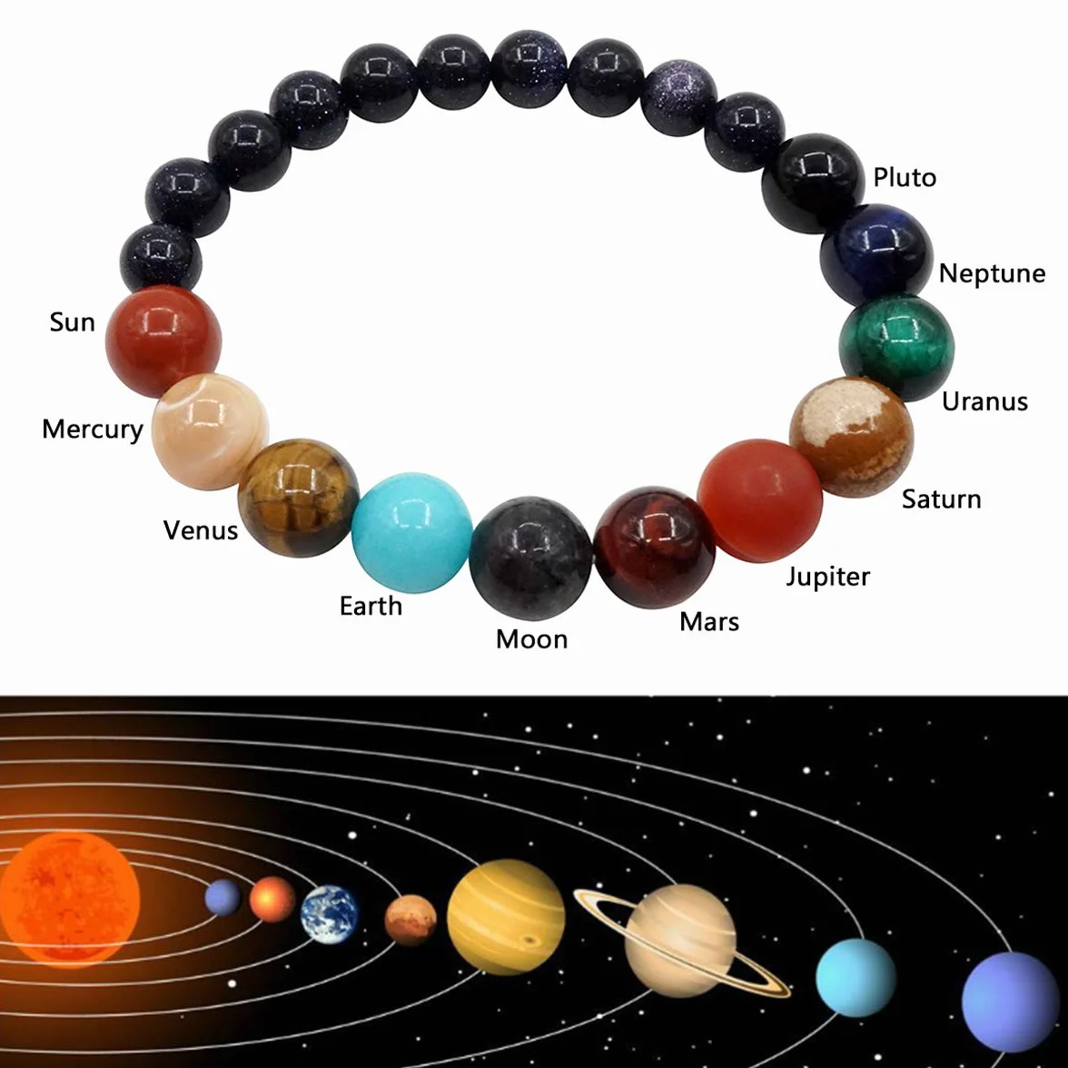 Uniwersalne bransoletki, 9 planet, bransoletka Pluton, układ słoneczny, opaska na nadgarstek dla mężczyzn i kobiet, 19 cm, kamień