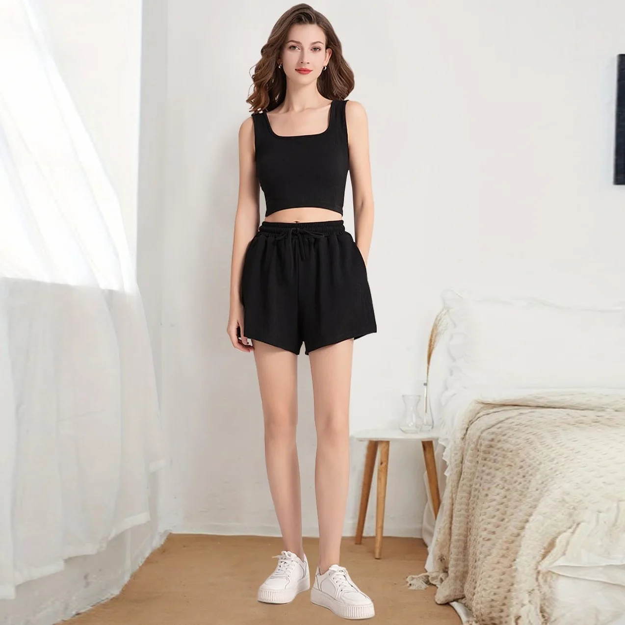Zestaw Sportowy Kobiety 2 Kawałki Crop Top Krótki Bez Rękawów Dopasowanie i Szorty Wysokiej Talii Casual Chandal Lato Odzież Sportowa Fitness