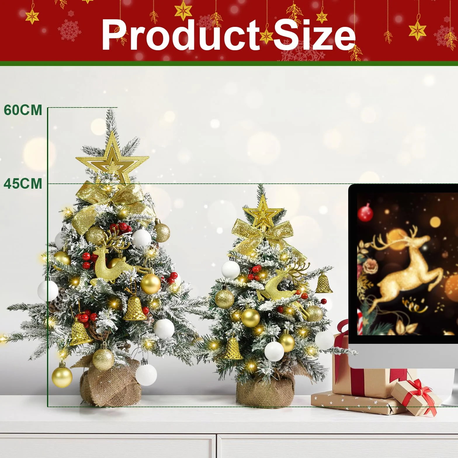 Sztuczna choinka, mała, 60 cm, mini choinka z 40 diodami LED w kolorze ciepłej bieli, bombki bożonarodzeniowe, czubek gwiazdy, dekoracja bożonarodzeniowa, do wnętrz, biura, na Boże Narodzenie, adwent