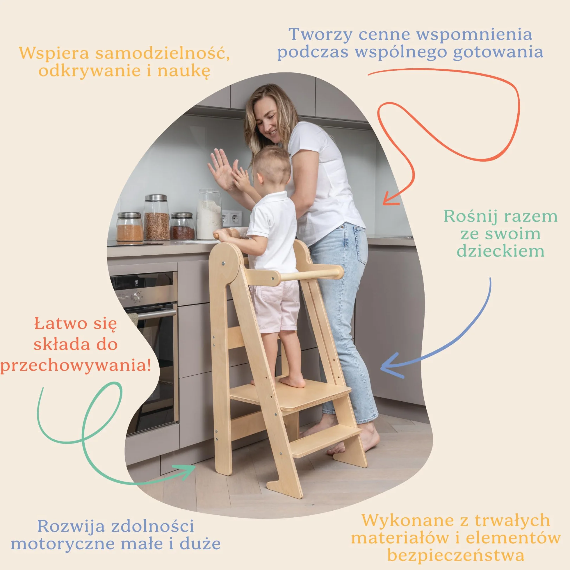 TOYBOX Wieża Edukacyjna Montessori Składany Pomocnik Kuchenny z Poręczą Naturalne Drewno