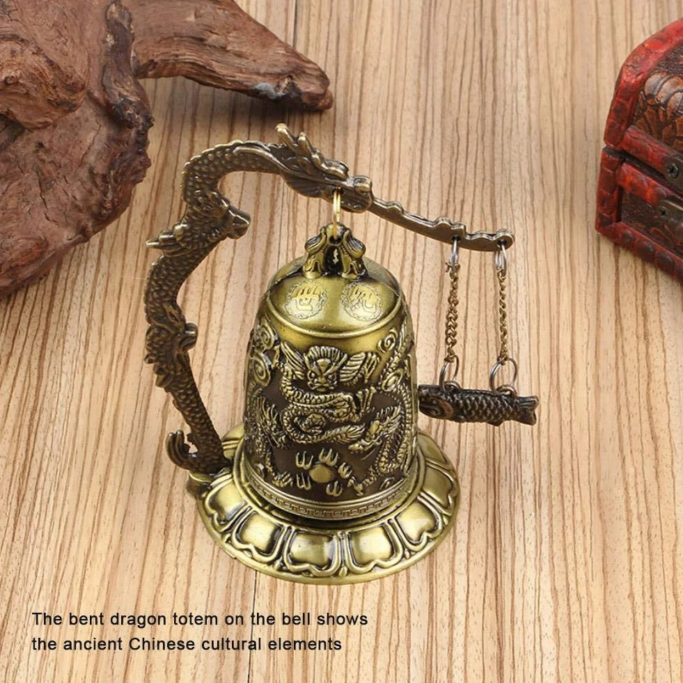 Vintage Dragon Bell, mały rzeźbiony brązowy dzwonek Feng Shui do dekoracji biurka i domu
