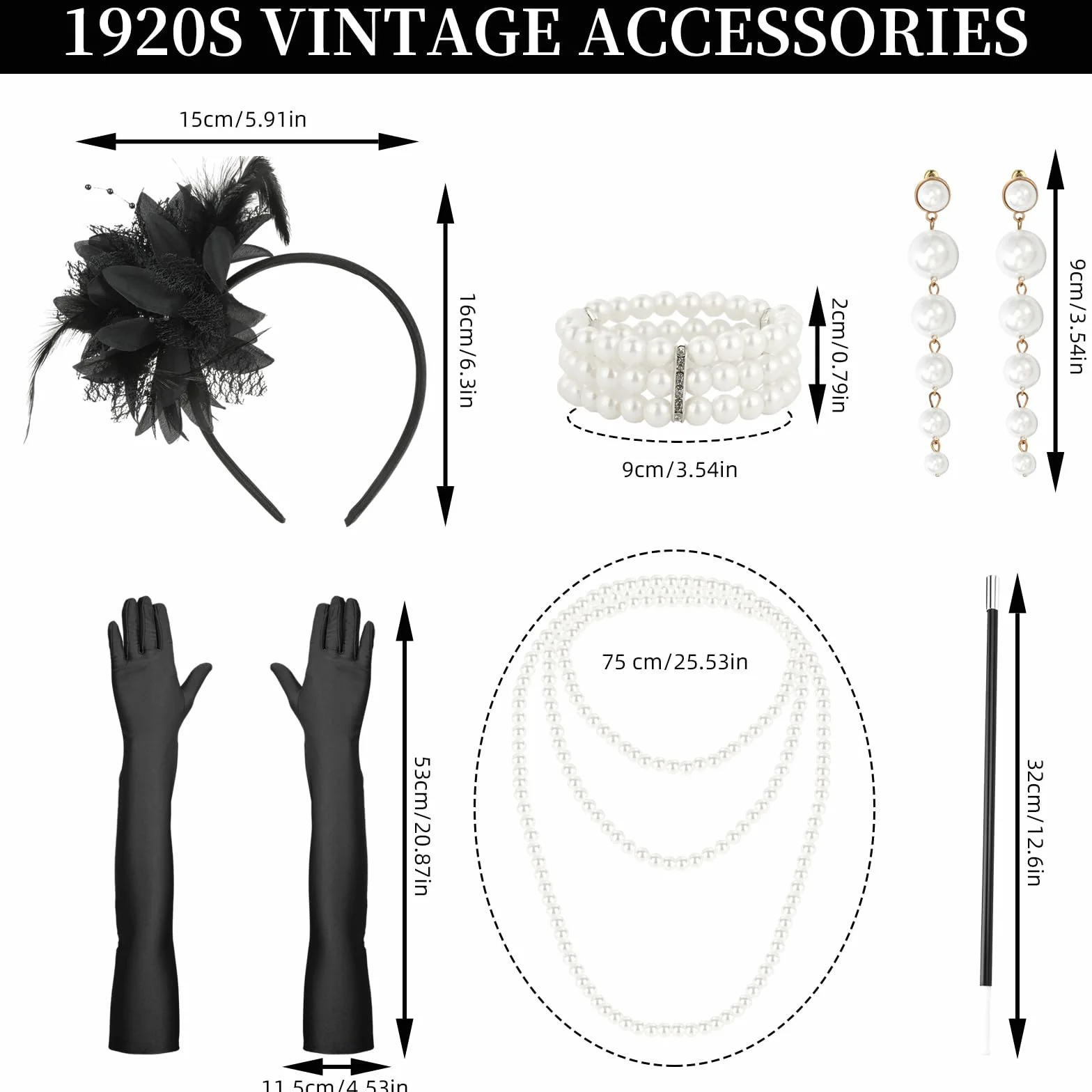 6-częściowy zestaw akcesoriów damskich w stylu lat 20., akcesoria Great Gatsby, kostium z lat 1920. z wstążkami do włosów, rękawiczkami, kolczykami, naszyjnikami i bransoletką na karnawał