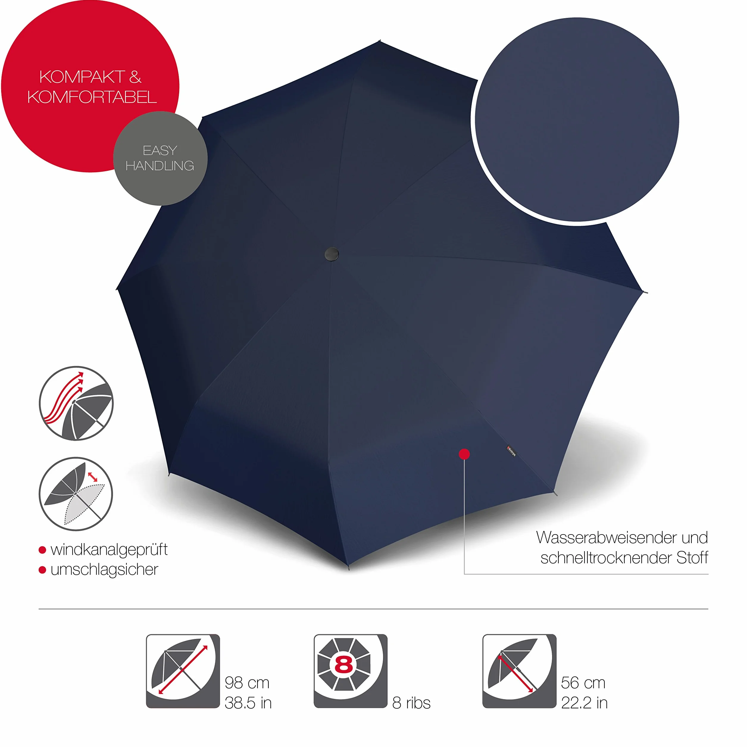 KNIRPS T.200 średni składany parasol Duomatic 28 cm, Niebieski (granatowy), 28 cm, Składany parasol