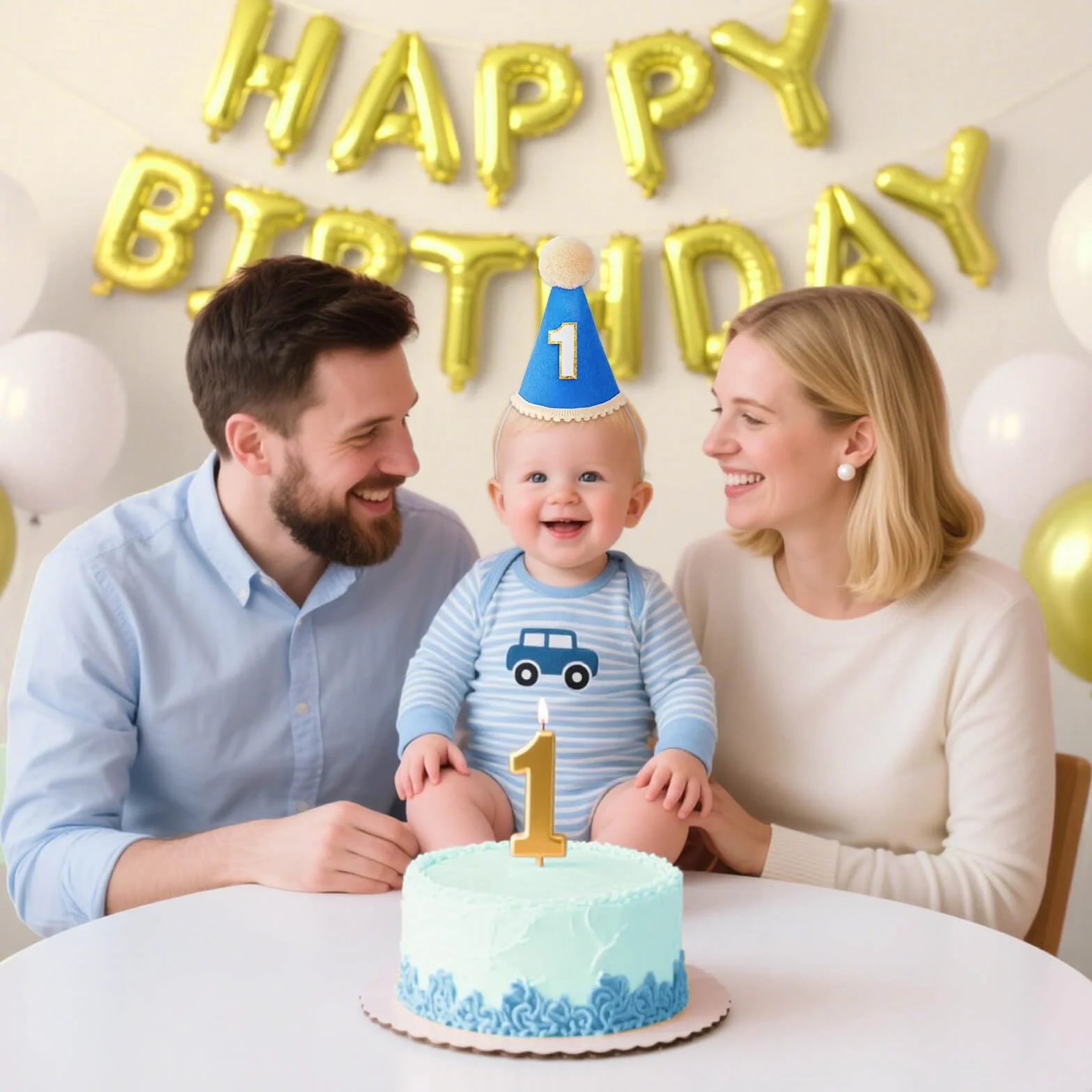 DRESHOW 1 Urodzinowy Kapelusz dla Niemowląt Pierwsze Urodziny Stożkowe Kapelusze z Pomponami Cake Smash Photo Props Nakrycia Głowy dla Dziewczynek i Chłopców