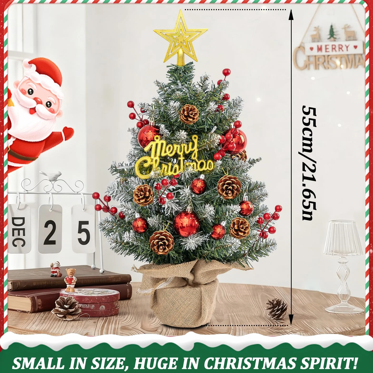 Sztuczna Choinka LED 55 cm Mini Choinka Świąteczna na Stół z Zawieszkami