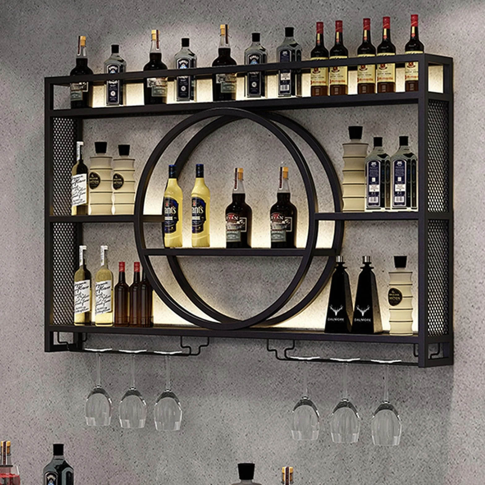 Metal Floating Wall Wine Shelf with LED Light and Wine Glass Holder