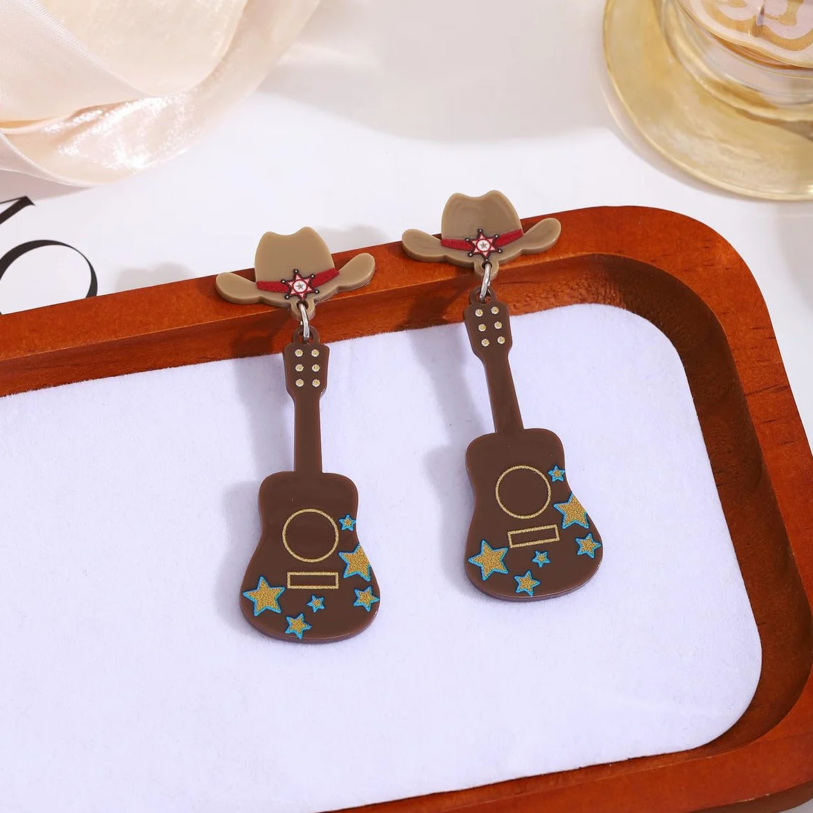 Urocza gitara western brązowy akryl kropla kolczyki kowbojski kapelusz biżuteria charms zabawne prezenty dla miłośników muzyki country
