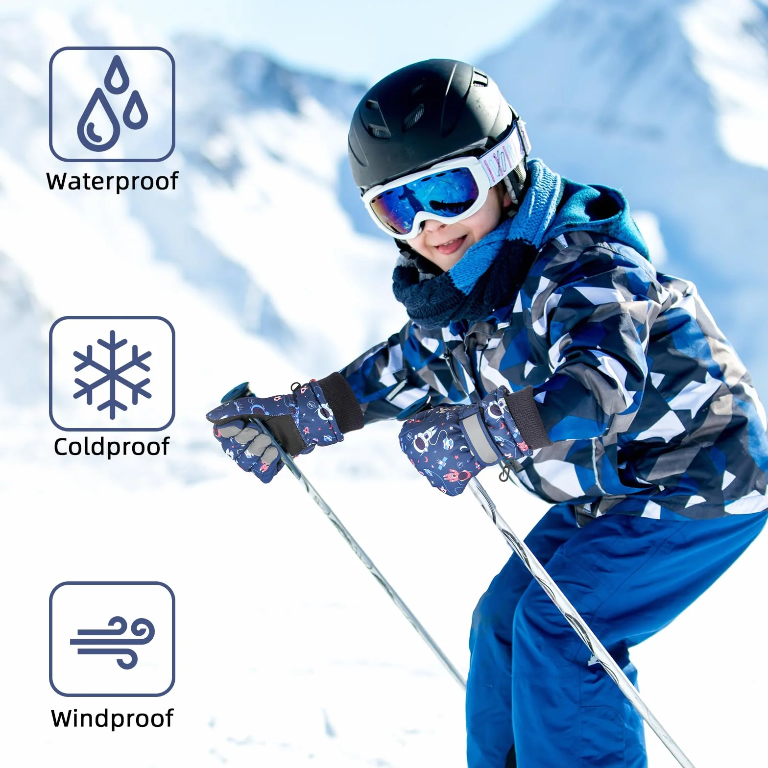 QKURT Rękawiczki narciarskie dla dzieci, zimowe ciepłe rękawiczki śnieżne, wiatroodporne rękawice snowboardowe dla dziewcząt i chłopców, zimne rękawiczki sezonowe dla dzieci od 1 do 9 lat rower i