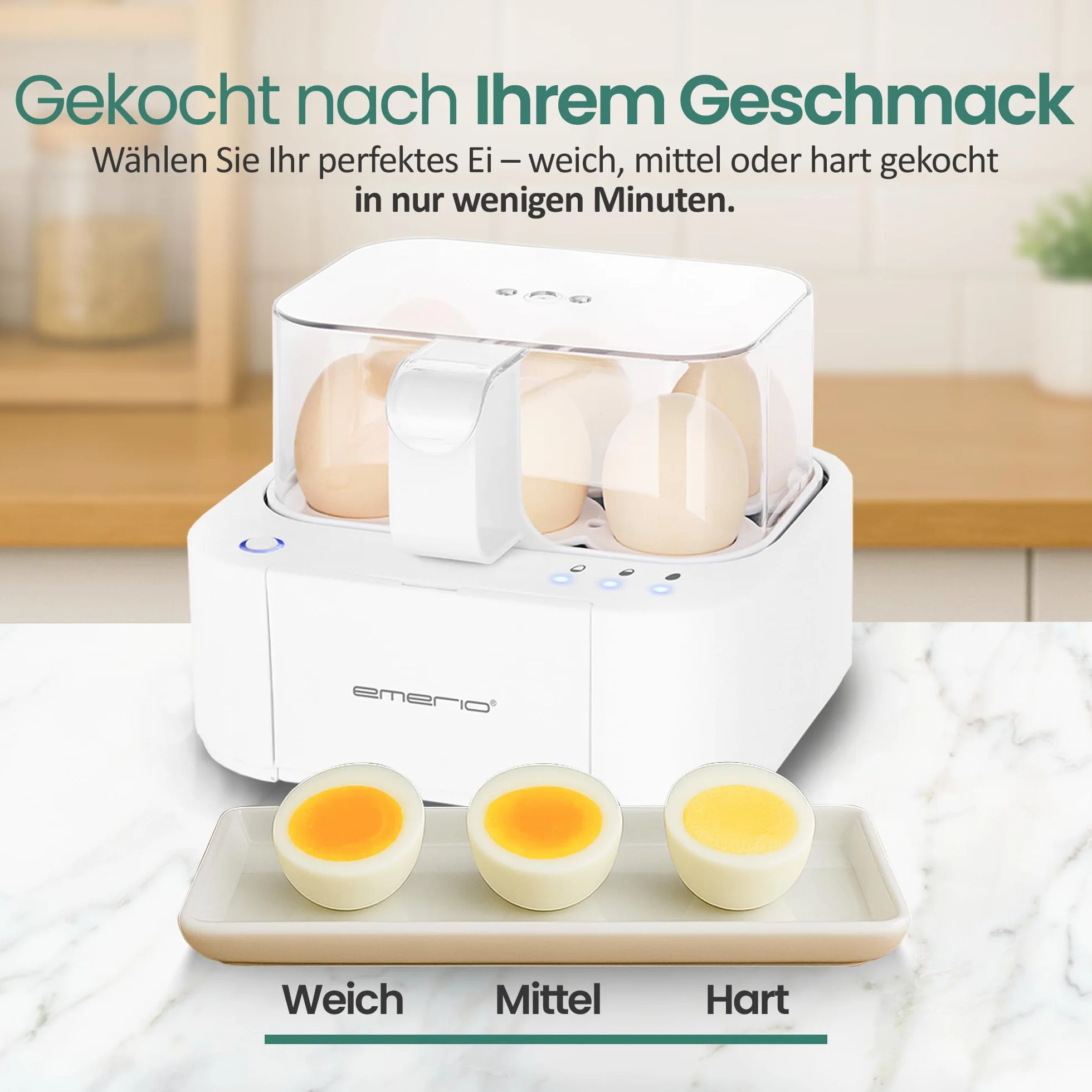Emerio doskonała, unikalna kuchenka do jajek gotuje wszystkie trzy poziomy gotowania [soft|medium|hard] w jednym procesie gotowania z doskonałymi wynikami i wielojęzycznym głosem w DE EN FR PL