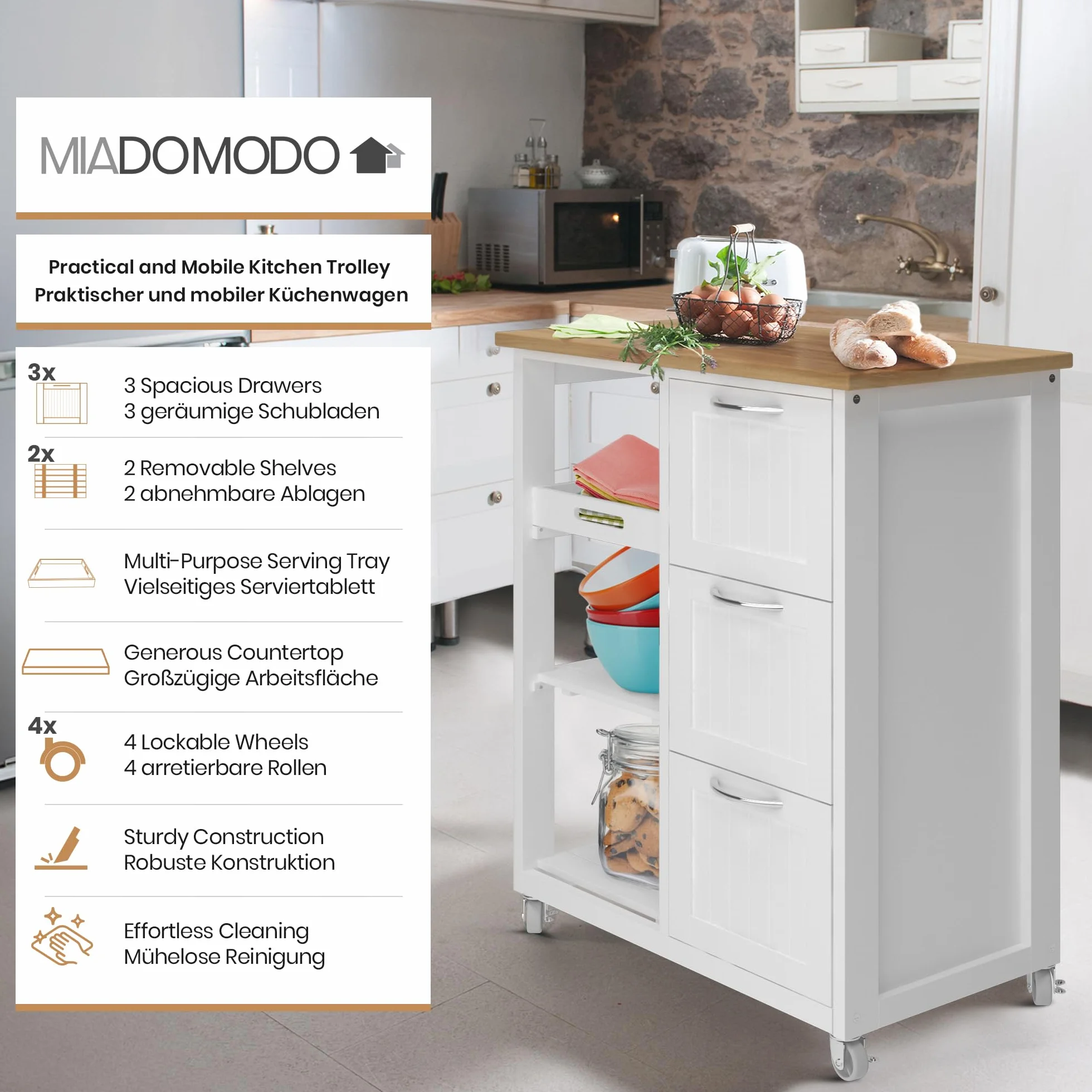 MIADOMODO® Wózek kuchenny z 3 szufladami, blat roboczy, drewno/MDF, biały 67x37x87 cm