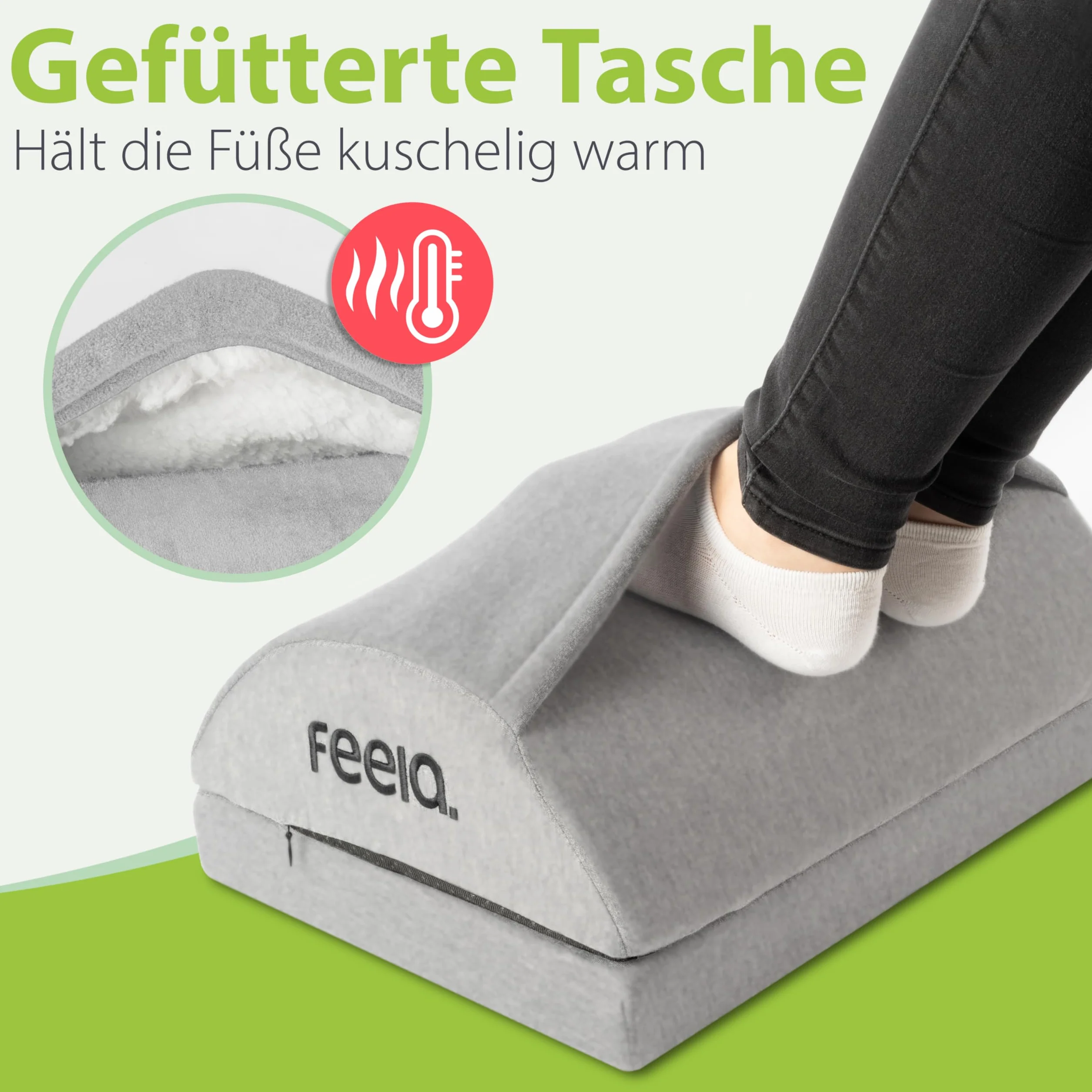 feela. Podnóżek na biurko, ergonomiczny podnóżek z rdzeniem z pianki premium i zintegrowaną torbą termiczną, antypoślizgowy podnóżek i podnóżek do biura i domowego biura (srebrny)
