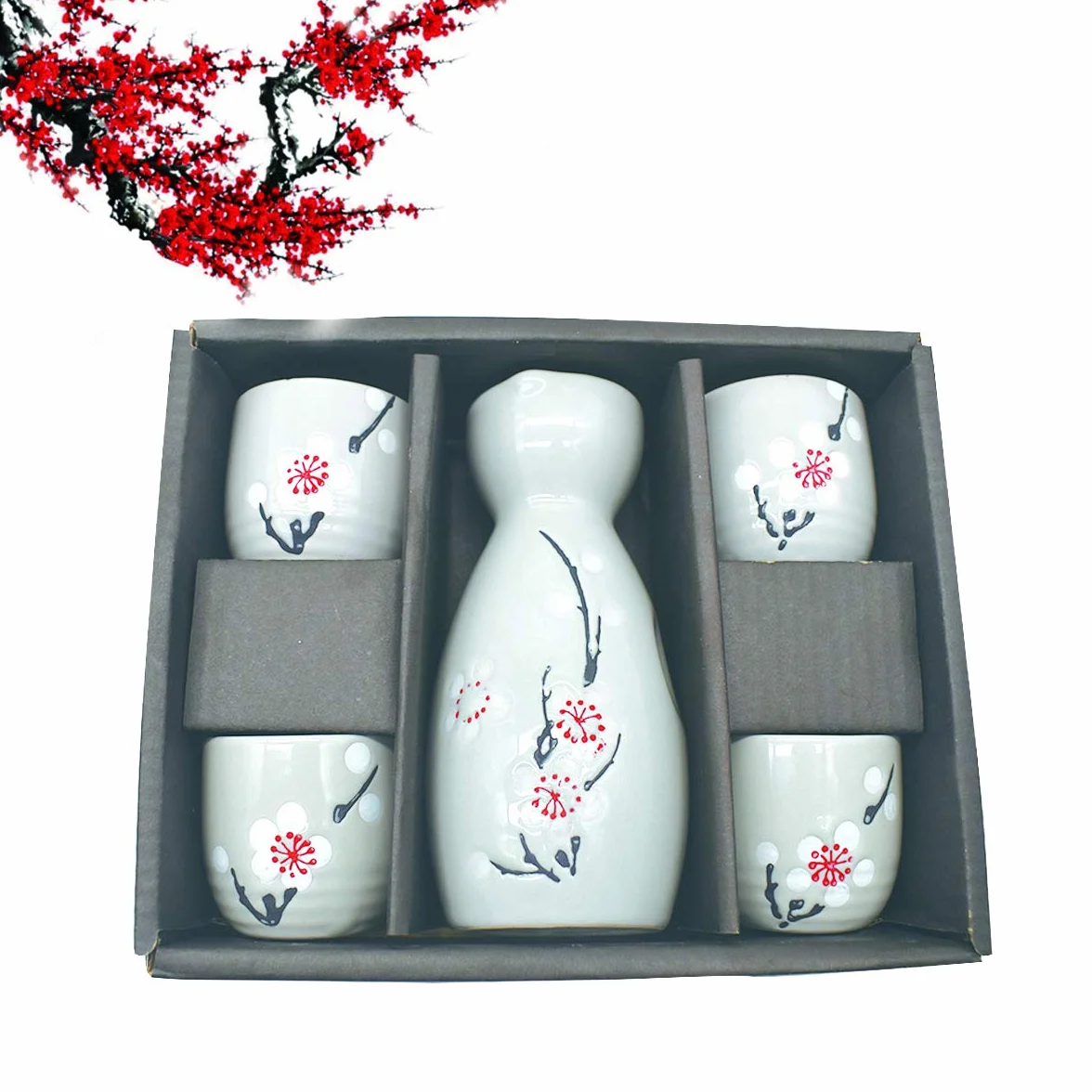 Zestaw do sake, 5-częściowy, ręcznie malowany, japoński, kwiat wiśni, kubki do sake, ciepły winogronowy rondel, tradycyjne filiżanki, kieliszki do wina, zestaw do ręcznego malowania, prezent