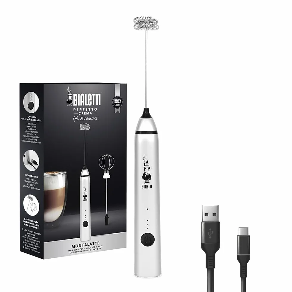 Bialetti Whipper 3-stopniowa regulacja, podwójna trzepaczka, ładowanie USB, stal nierdzewna