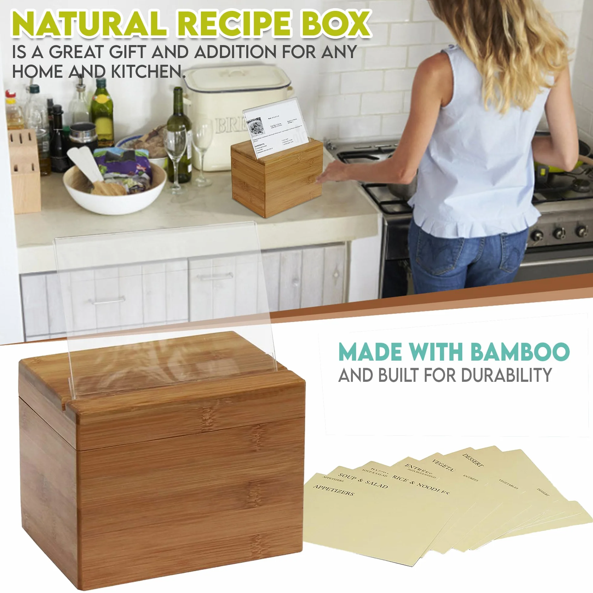 Oceanstar Bamboo Recipe Box with Divider, Natural